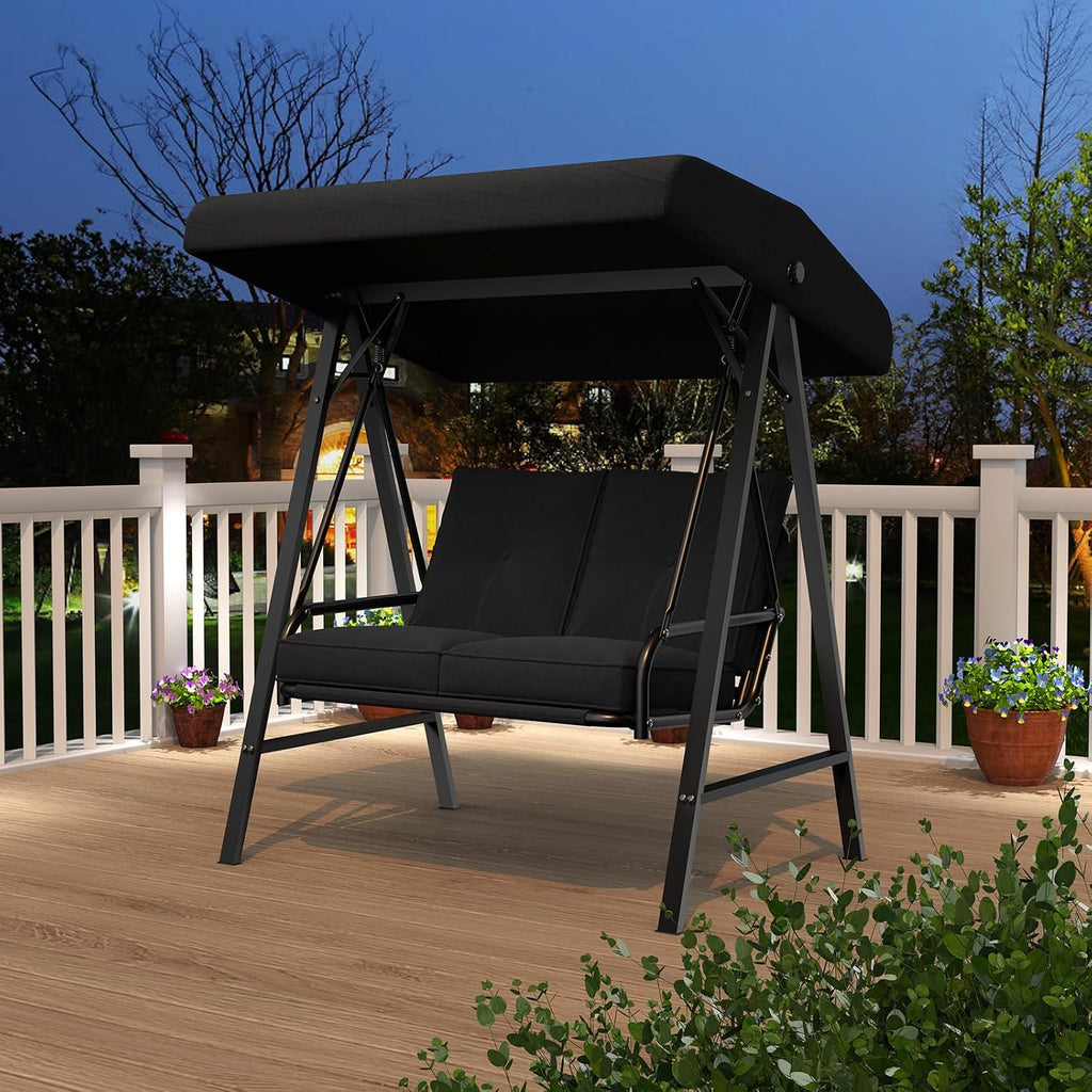 AECOJOY 2-Seat Outdoor Patio Swing Chair with Adjustable Canopy, Porch Swings Chairs for Adult, Outside Swing Bench with Removable Cushion, Suitable for Backyard, Garden, Yard, Poolside, Balcon, Black