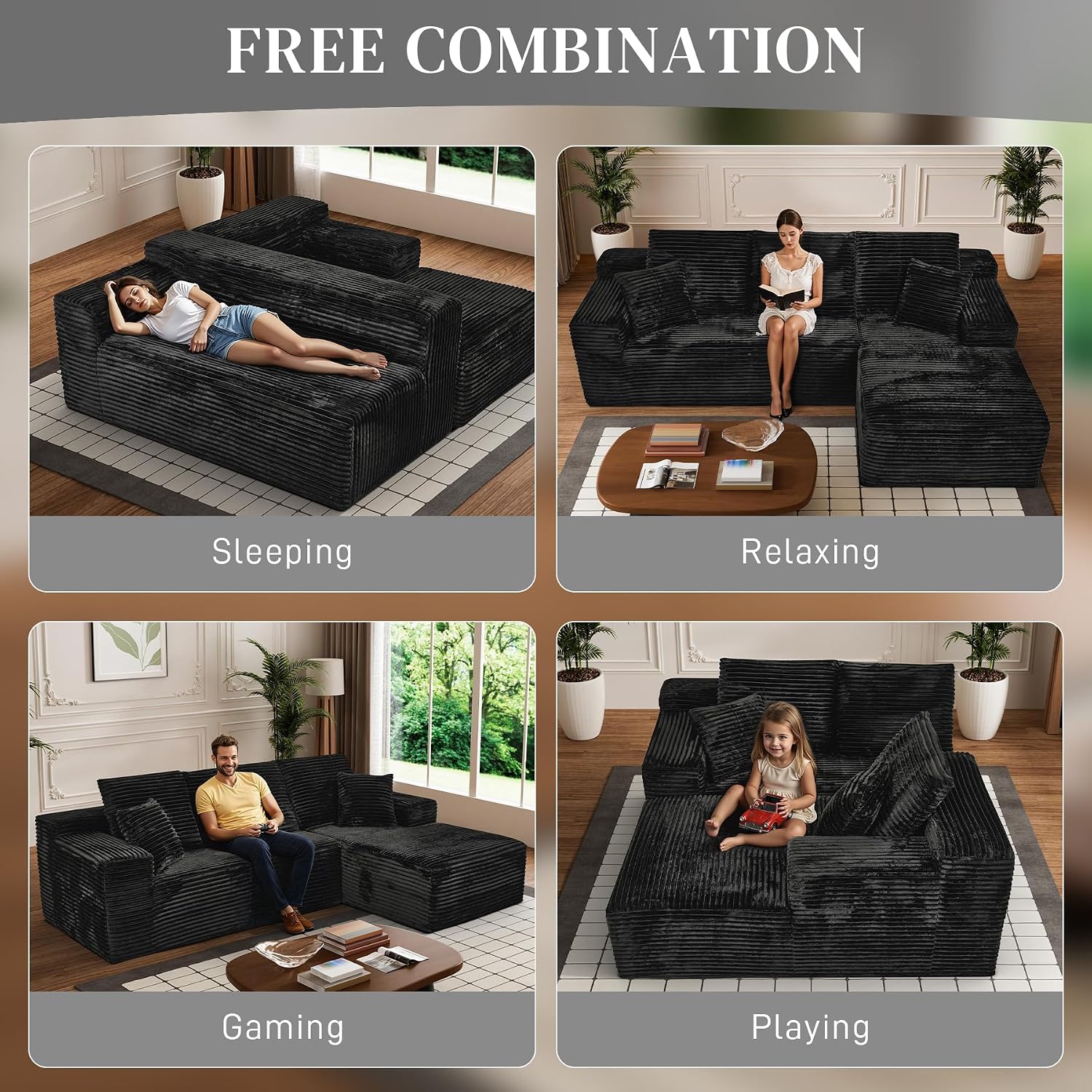 108' Boneless Couches for Living Room, L Shaped Comfy Cloud Modular Sectional Memory Foam Deep Seat Boneless Couch, No Assembly Required Boneless Sofa for Living Room with Right Facing Chaise, Black
