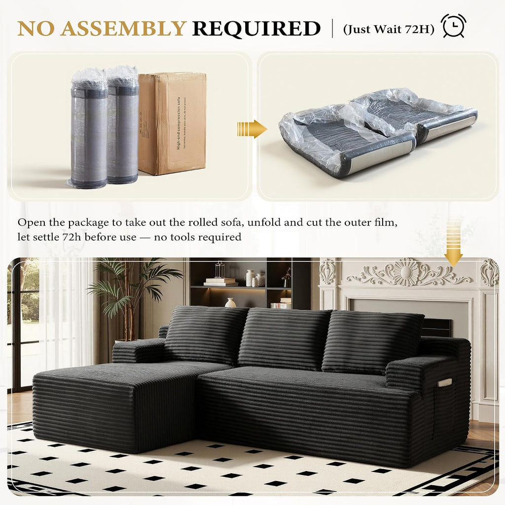 96' Sectional Couches for Living Room Cloud Couch Sofa with L-Shape Upholstered Boneless Couchs Modern Modular Sectional Couch with Chaise (Black, 96' W+Left Facing Chaise+2Seaters)