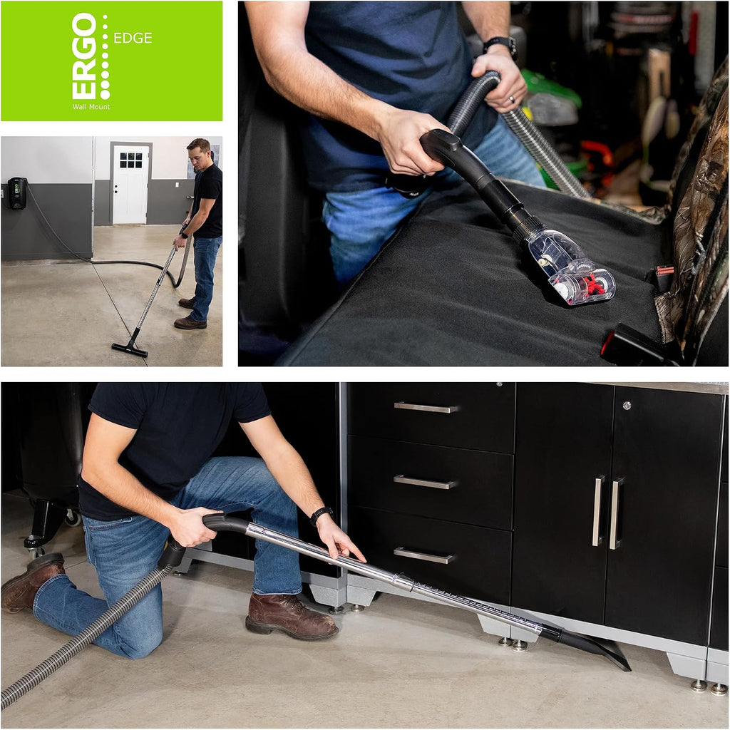 Atrix Ergo Edge Canister Shop Vac-Wall Mounted Garage Vacuum Cleaner with Built-in Dust Bag & Extendable Hose-Compact Black Design, 20 x 9 x 12