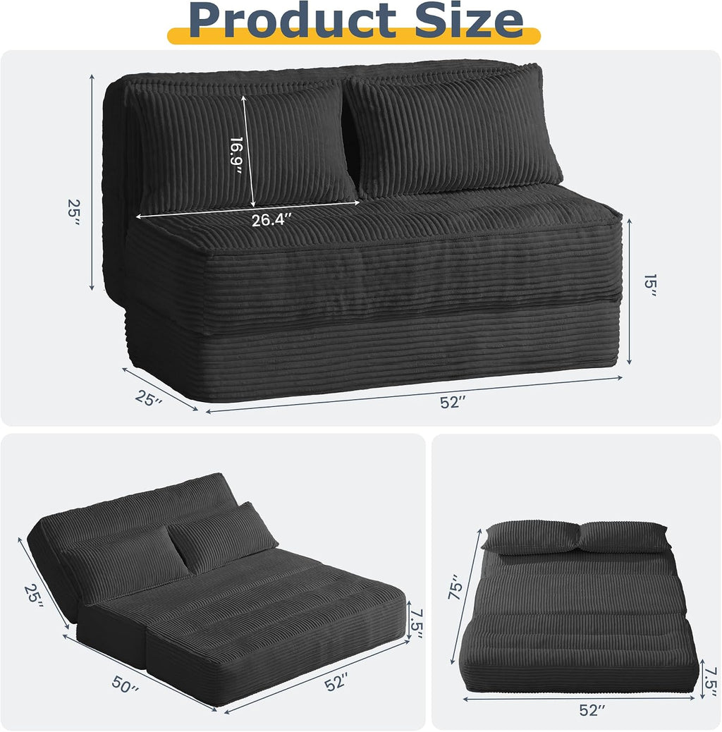 Convertible Sofa Bed with Fixed Frame,Boneless Couch Folding Loveseat Sleeper with 5-Position Adjustable Backrest & Thickened Cushion,Futon Couch with 2 Pillows for Bedroom,Small Spaces