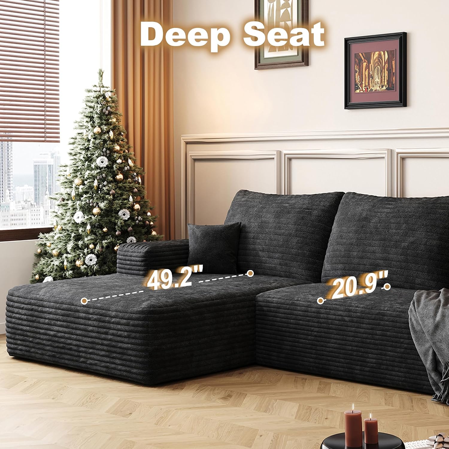 108' Sectional Couches for Living Room Cloud Couch Sofa with L-Shape Upholstered Boneless Couchs Modern Modular Sectional Couch with Chaise (Black, 108' Left Facing Chaise+2Seaters)