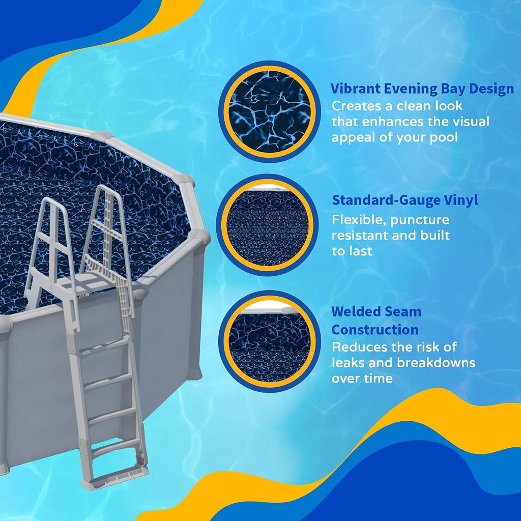 Blue Wave Evening Bay 15-ft x 30-ft Overlap Oval Pool Liner for Above-Ground Steel Wall Pools – Weather Resistant Standard Gauge Vinyl w/Welded Seams – Dark Blue, 48/54-In Depth Walls