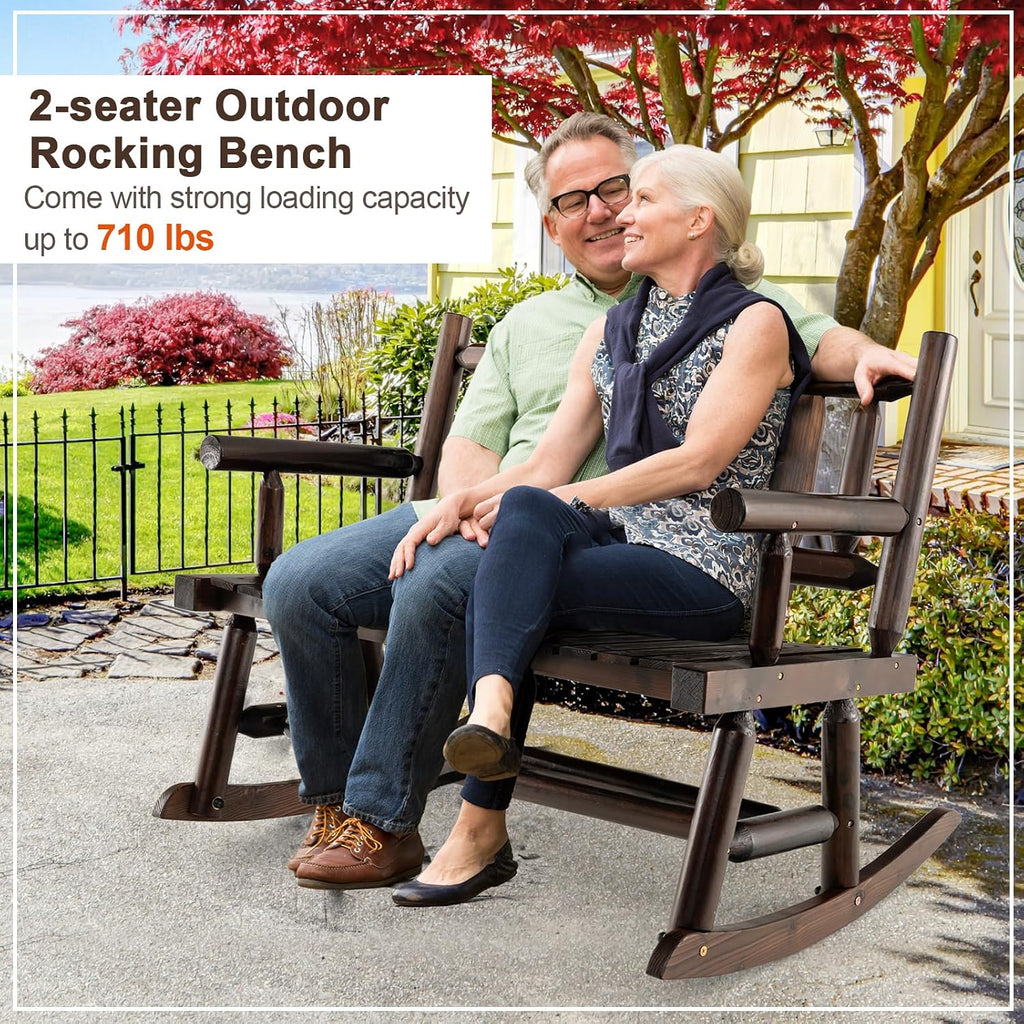 HAPPYGRILL Outdoor Wood Rocking Bench Carbonized Double Rocking Chair for 2 Persons with Wide Curved Seat, Porch Rocker for Porch, Garden, Backyard, 710LBS Capacity