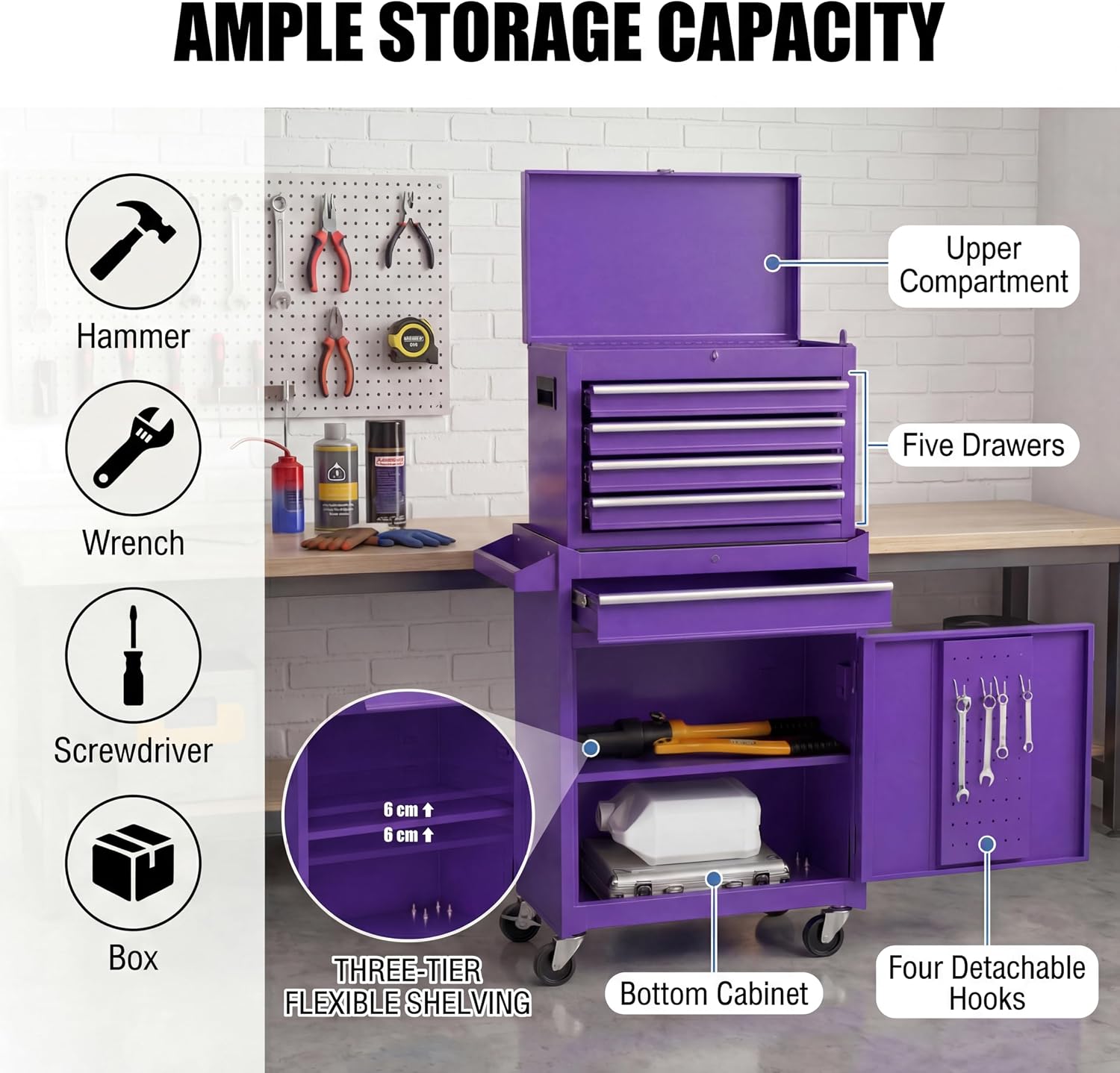 Goplus Rolling Tool Chest, 5-Drawer Tool Box Organizer w/Lockable Wheels & Sliding Drawers & Detachable Top & Adjustable Shelf, Tool Storage Cabinet for Garage Workshop