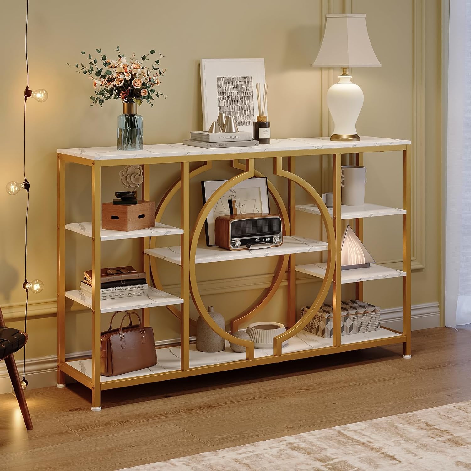 GiftGo 47' Industrial Console Tables for Entryway Rustic Sofa Table Behind Couch 4 Tier Wooden Shelves Entry Table with Storage for Foyer, Hallway, Front Door,Living Room (White Gold, 47')
