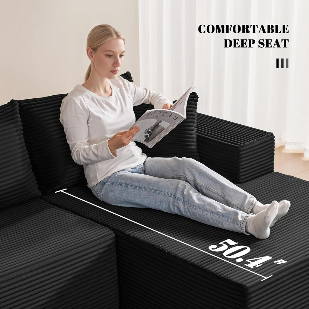 Mangodan 110' Cloud Sectional Couch, Boneless Sofa for Living Room, Modular Sectional Sofa with Deep Seat, Comfy Fluffy U-Shaped Couch with Right-Facing Chaise, No Assembly Required, Black