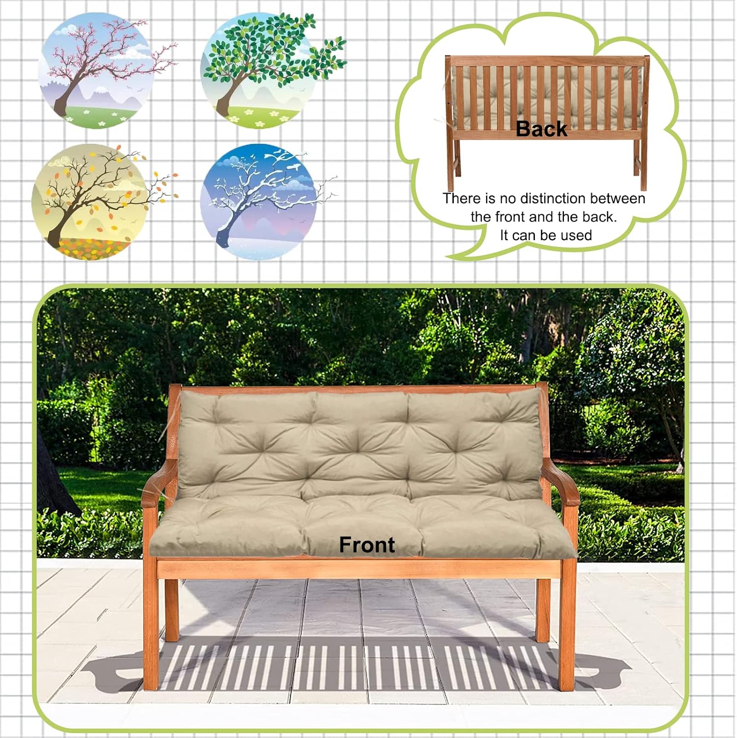 Waterproof Porch Swing Cushion Replacement, Thick 4' 2–3 Seat Outdoor Swing Seat Cushion with Backrest & Ties for Patio, Garden & Porch(Beige 40 * 60 in)