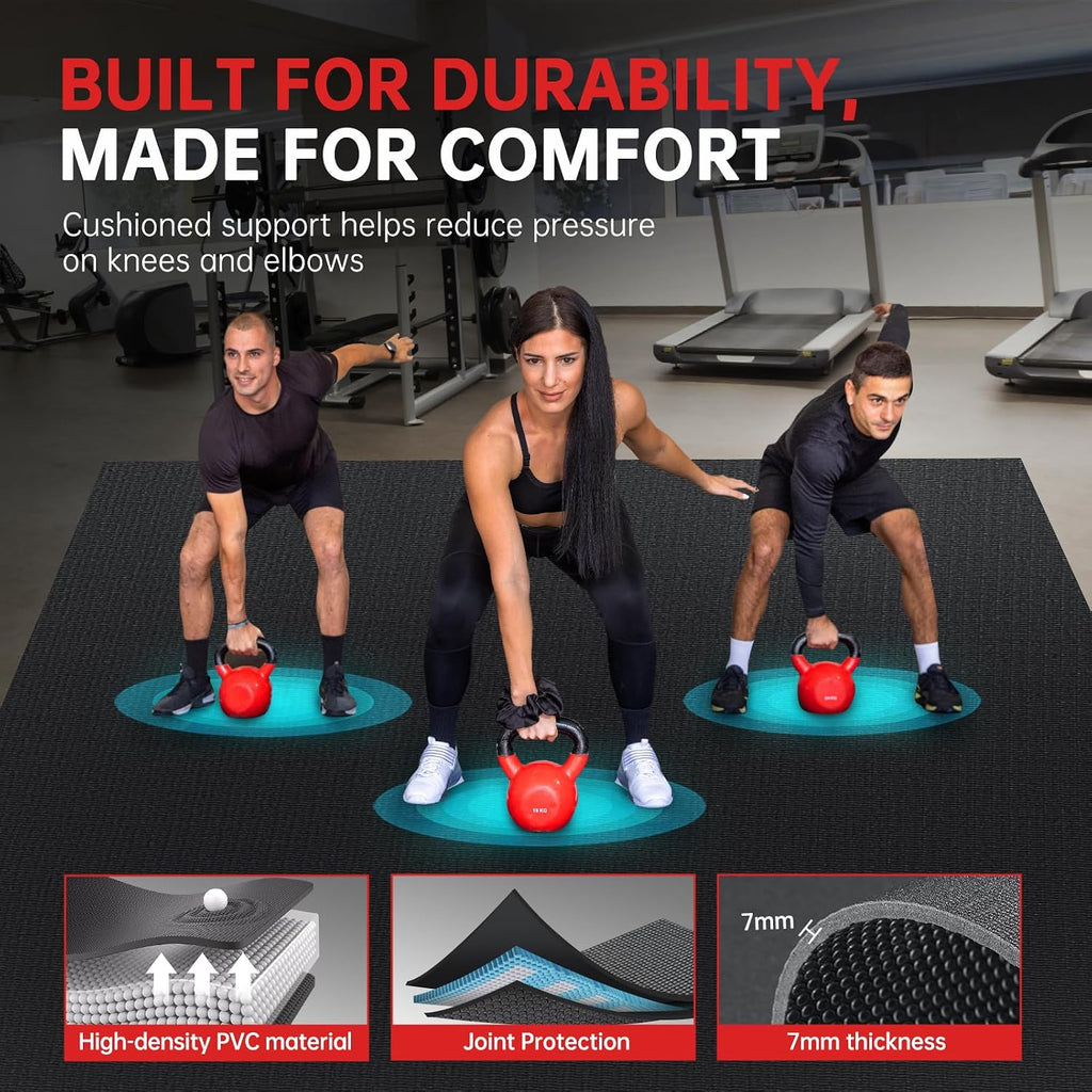 GymCope Large Exercise Mat for Home Workout,12'x6'/10'x6'/9'x6'/8'x6'/7'x5'/6'x4' (7mm) Extra Thick Workout Mat, High-Density Gym Mat for Cardio, Jump Rope, MMA, Weights (Shoe-Friendly)