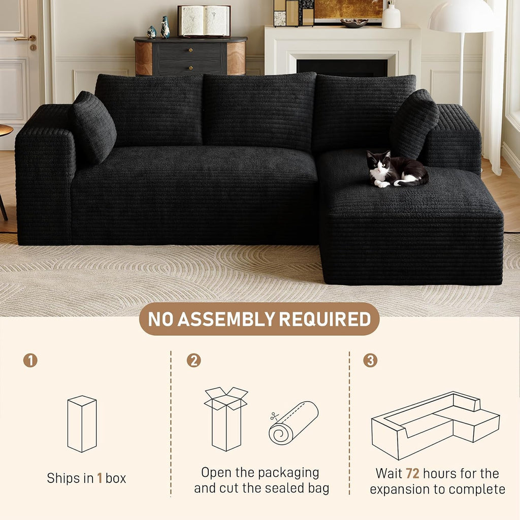 107' L-Shaped Boneless Sectional Couches for Living Room, Comfy Corduroy Fluffy Cloud Couch, Deep Seat Memory Foam Plush Modular Sectional Sofa with Right-Facing Chaise, No Assembly, Black
