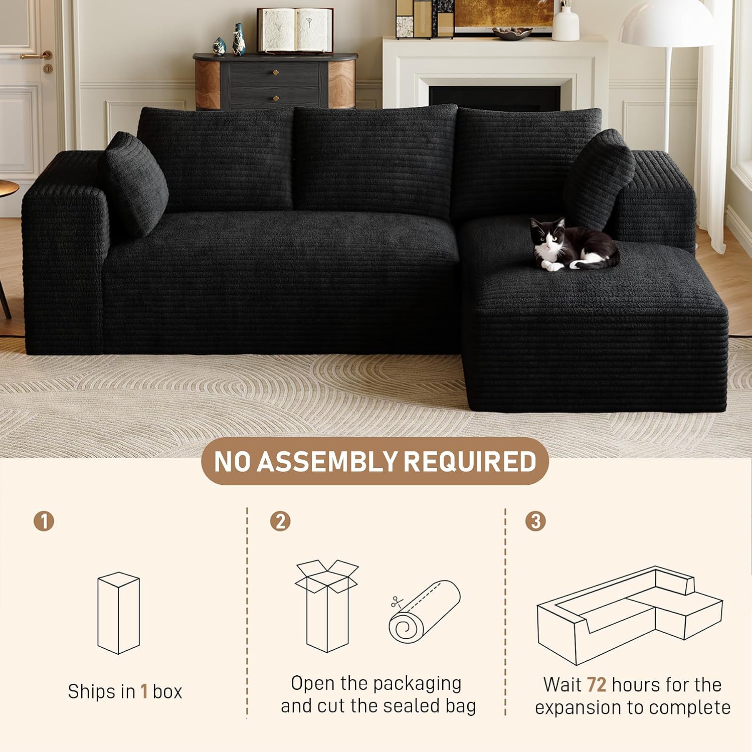 107' L-Shaped Boneless Sectional Couches for Living Room, Comfy Corduroy Fluffy Cloud Couch, Deep Seat Memory Foam Plush Modular Sectional Sofa with Right-Facing Chaise, No Assembly, Black