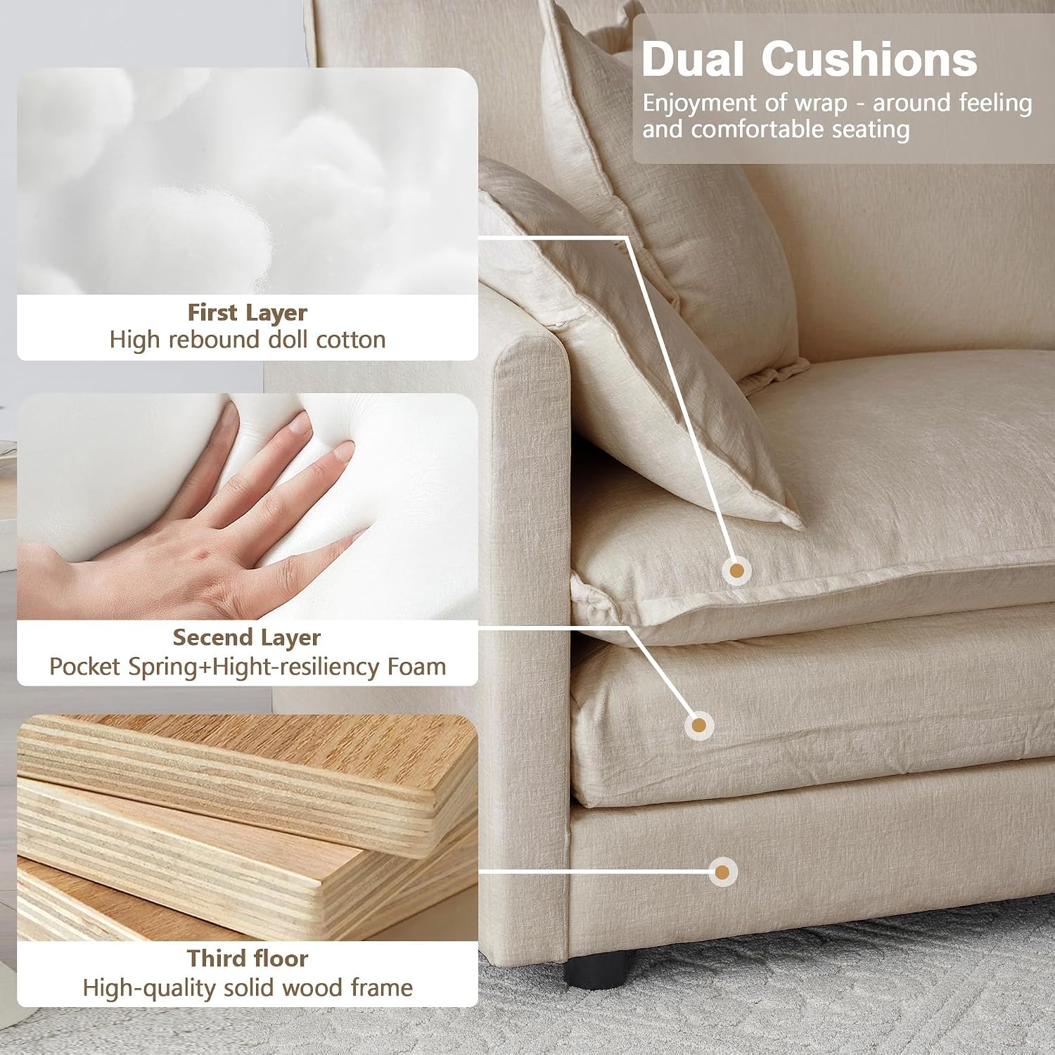 Modular Sectional Sofa, 111.5 Inch L-Shaped Cloud Sofa with Deep Seat Chenille Sofa with Cushions, Three-Self Sectional Sofa for Living Room Apartment,Light Coffee