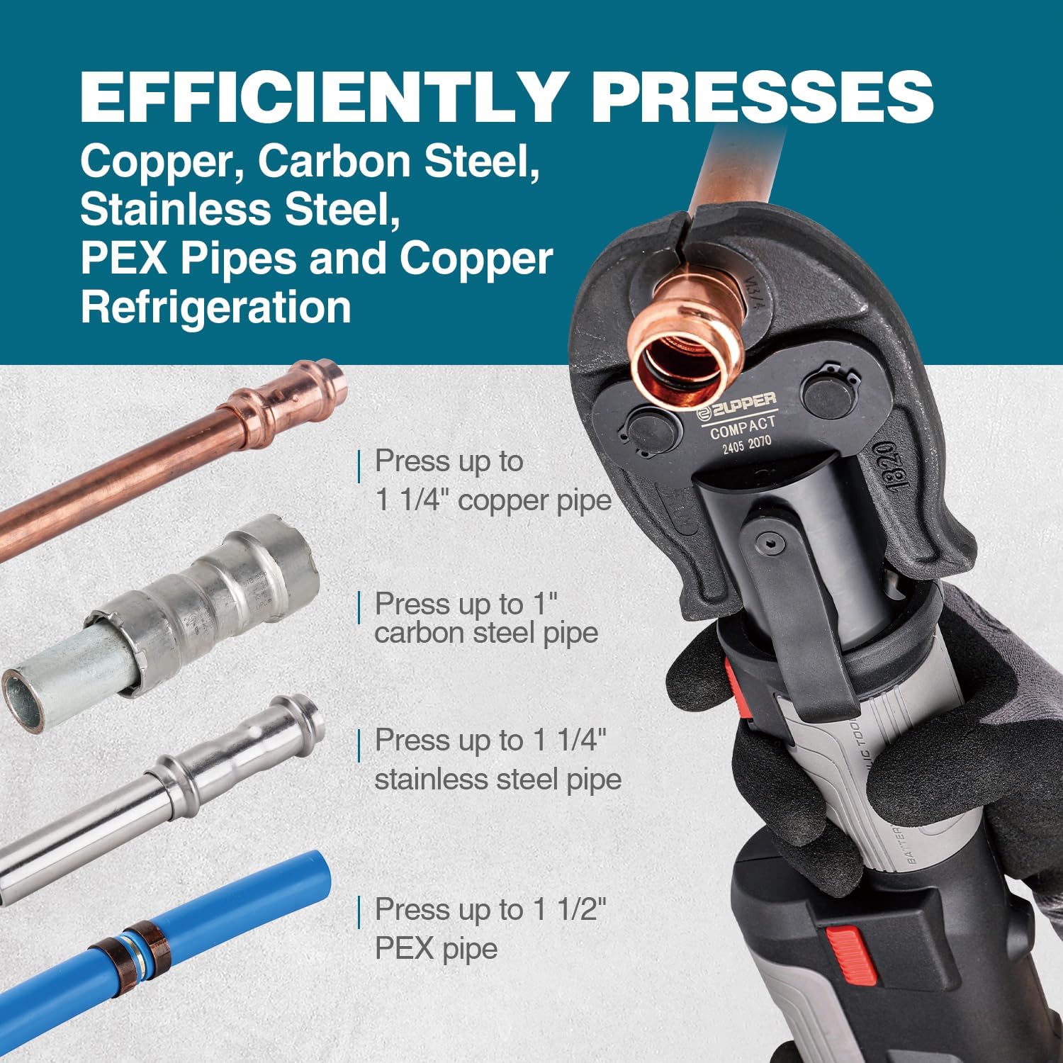 ZUPPER Press Tool, 18V Electric Pipe Crimping Tool for 1/2', 3/4', 1' Copper Pipes, Compact Press Tool Kit Suitable for Copper ProPress fittings - with 3 VUS Press Jaws, 2pcs Battery