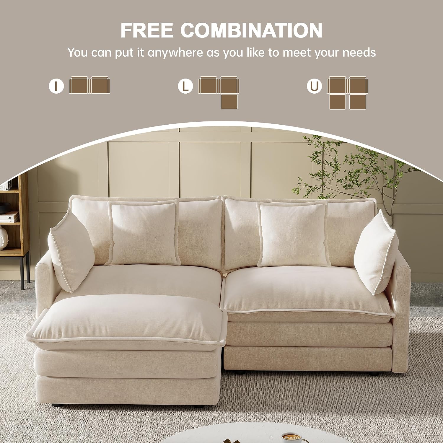 Modular Sectional Sofa, 76.7 Inch L-Shaped Cloud Sofa with Deep Seat Comfortable Chenille Sofa with Cushion Double Sectional Sofa for Living Room Apartment,Light Coffee