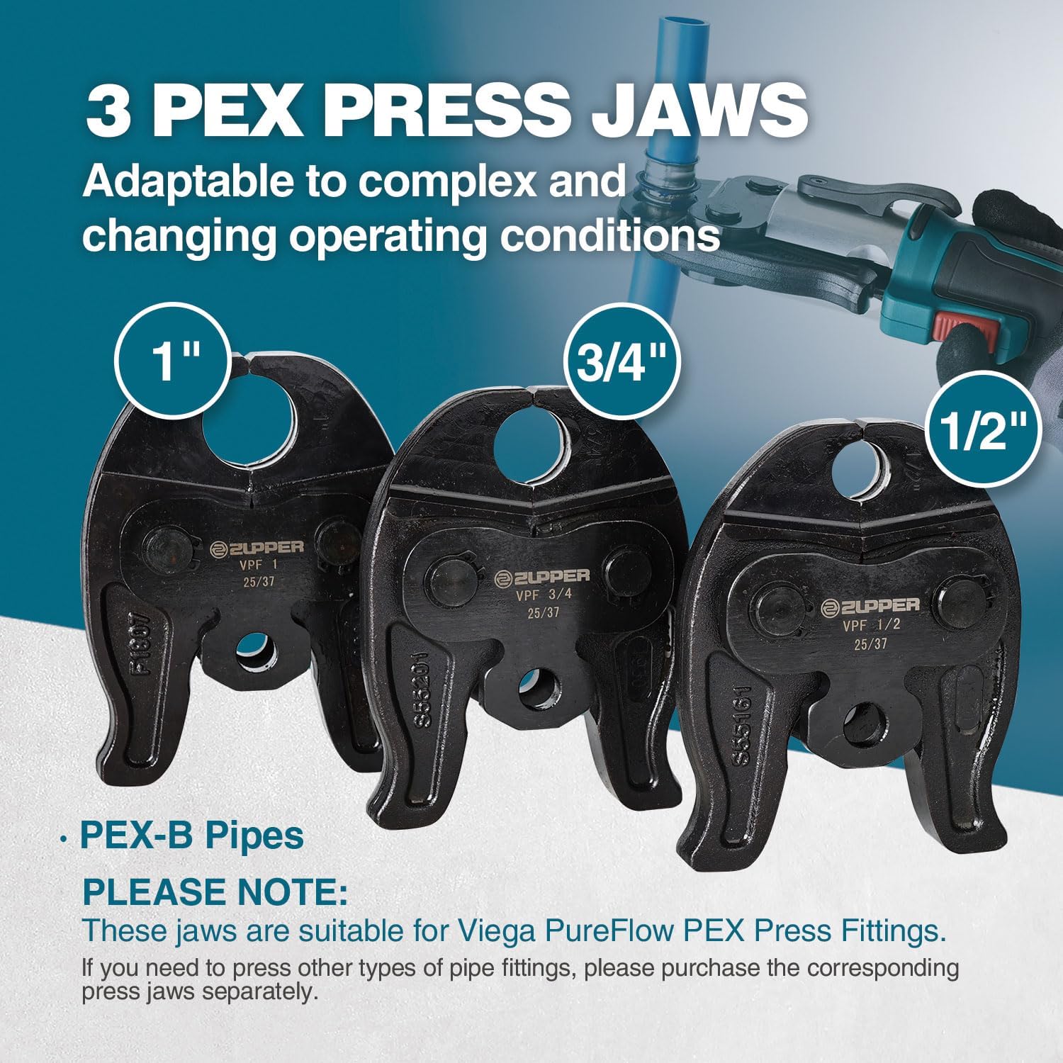 ZUPPER Mini Press Tool kit with 3 Jaws Suitable for PureFlow press fittings 1/2', 3/4', 1', Brushless Motor, 2pcs Battery, Fast Charger & Carrying Case