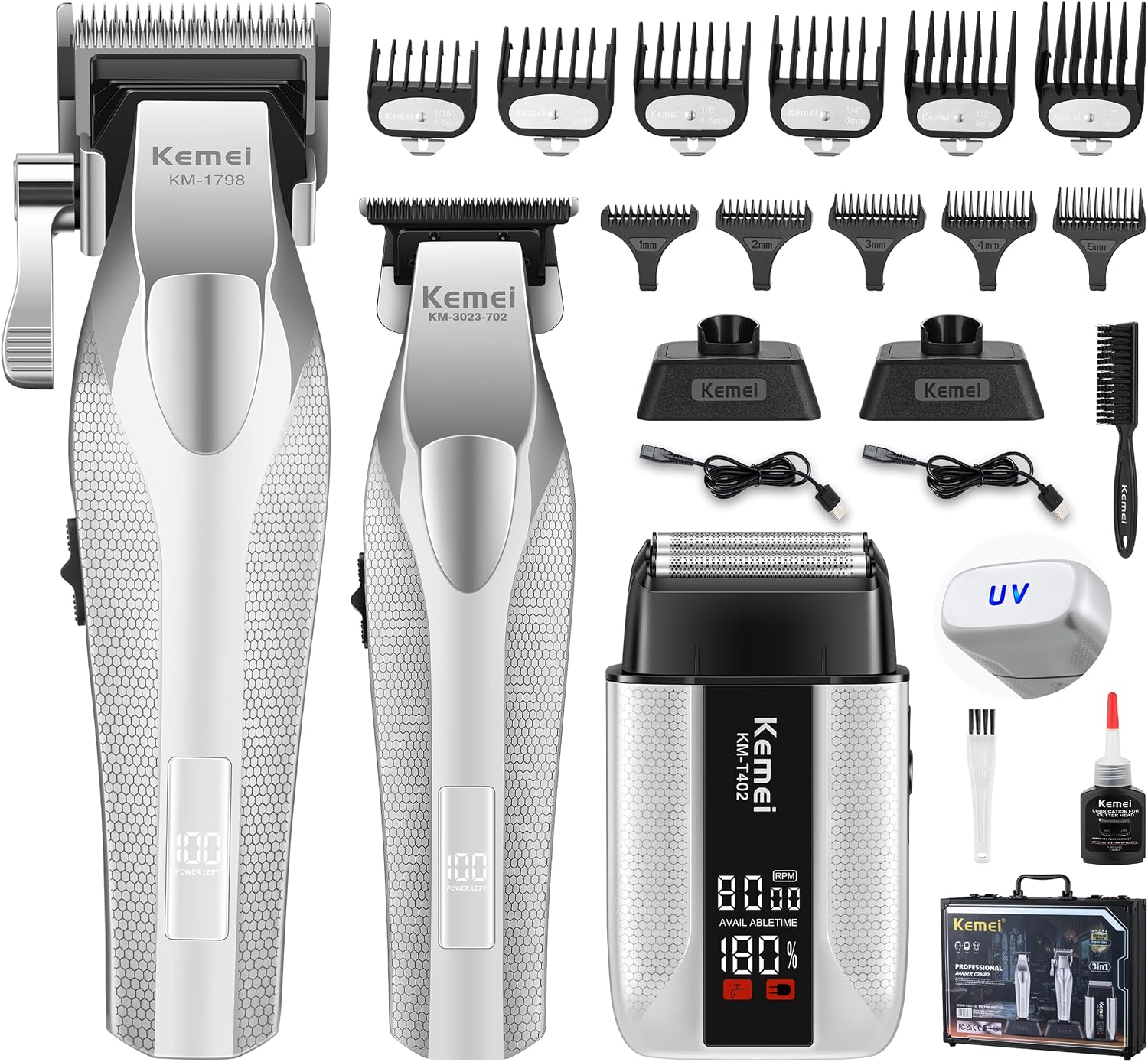 KEMEI Professional Hair Clippers for Men, Cordless Barber Clippers and Trimmers Set with Full Metal Body, Electric Foil Shavers with LED Display & Travel Case, KM-3023-702, KM-1798, KM-T402