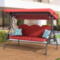 ZZW 3 Seat Outdoor Porch Patio Swing with Stand 800lbs 2-in-1 Convertible Swing Bed with Adjustable Canopy & Removable Cushion for Yard Garden Deck (Red, Round Tube)