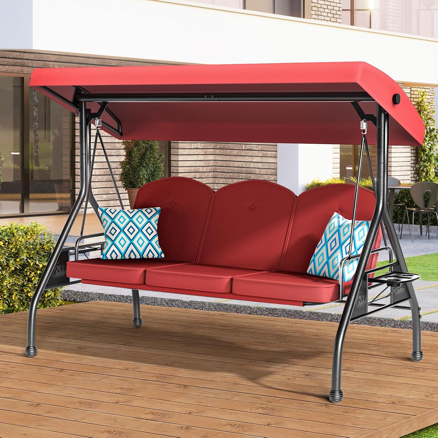 ZZW 3 Seat Outdoor Porch Patio Swing with Stand 800lbs 2-in-1 Convertible Swing Bed with Adjustable Canopy & Removable Cushion for Yard Garden Deck (Red, Round Tube)