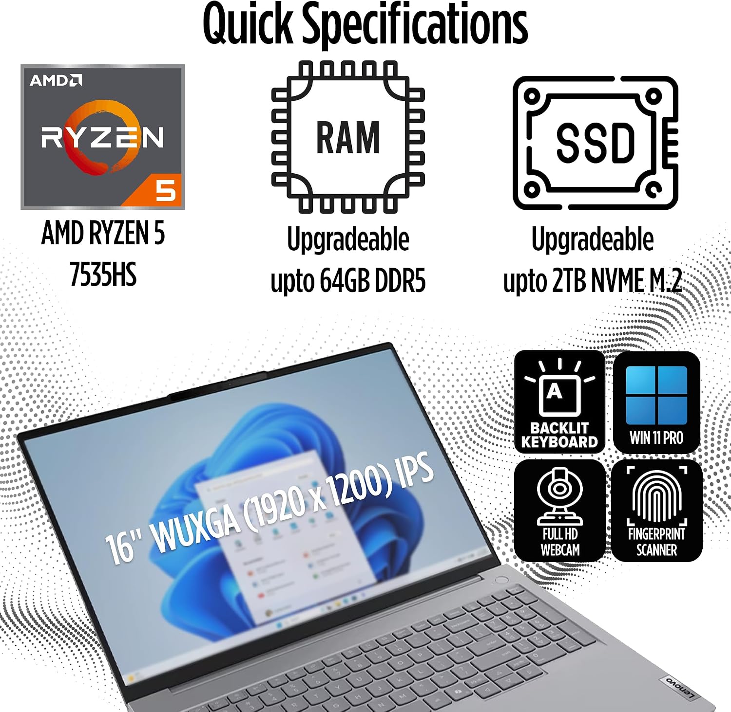Lenovo ThinkBook 16 Gen 7 Business Laptop, 16' FHD+ Display, AMD Ryzen 5 7535HS (> i7-1355U), 64GB DDR5 RAM, 1TB SSD, KB Backlit, Webcam, Ethernet, Wi-Fi 6, Windows 11 Pro w/Copilot, MAJ DESKPAD