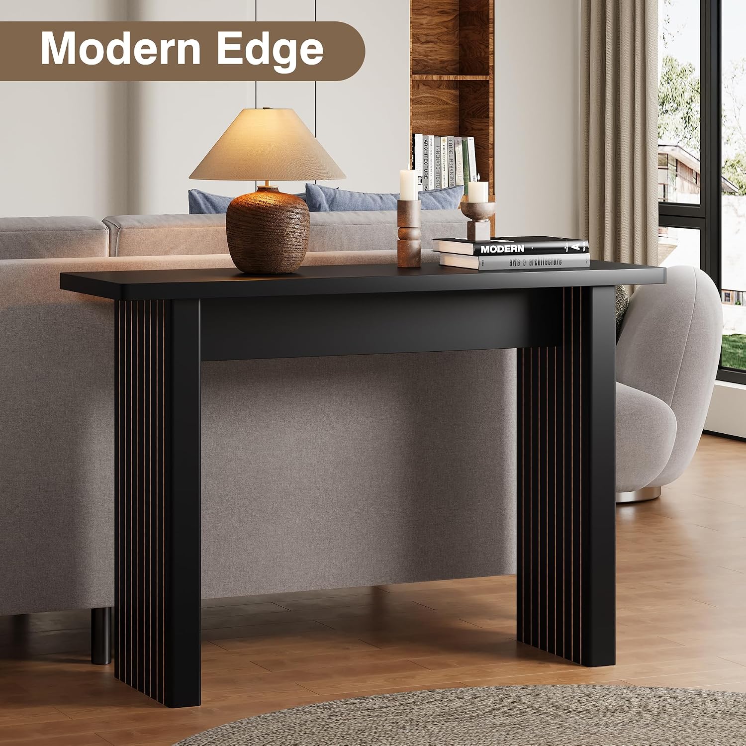 AVZEAR Mid Century Narrow Entryway Console Table, 43.3' Fluted Wood Couch Table Behind Sofa Long and Skinny for Living Room Hallway Entrance Foyer, Black