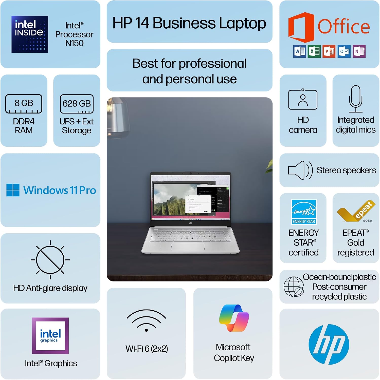 HP 14' Laptop Computer 2025-2026 Business Student, Copilot AI, Lifetime Office, 4-Core Intel CPU, 8GB RAM, 628GB Storage (128GB UFS +500GB Ext), Wi-Fi 6, 10+ Hrs, MarxsolAccessory, Win 11 Pro, Silver