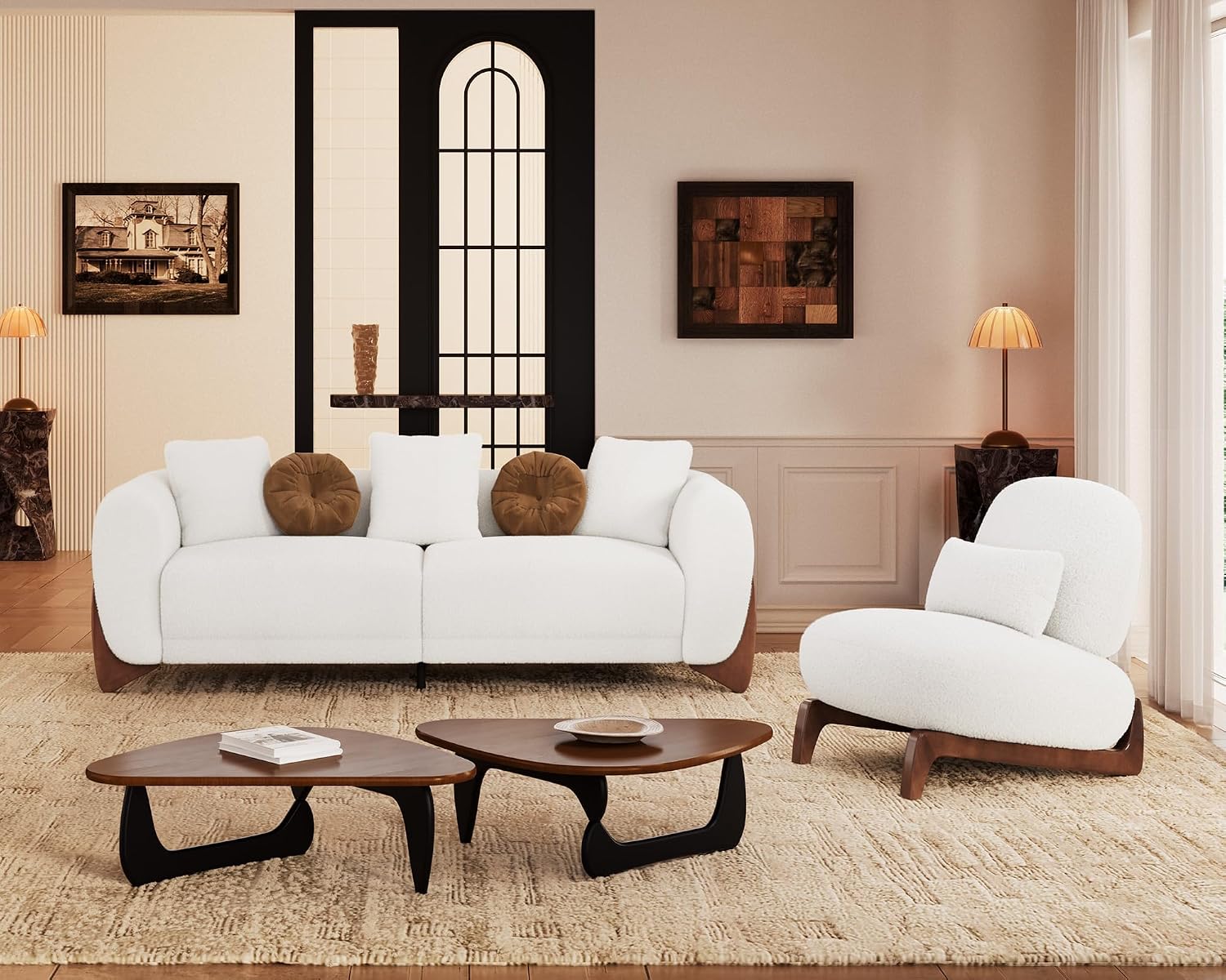 Morden Fort 2 Piece Cloud Couch Set, Modern Sherpa Boucle Sofa Set with Wood Legs, Skin-Friendly Minimalist Upholstered Comfy Couch Sofas for Living Room, 3-Seater Sofa & Tilt Back Chair, Off White