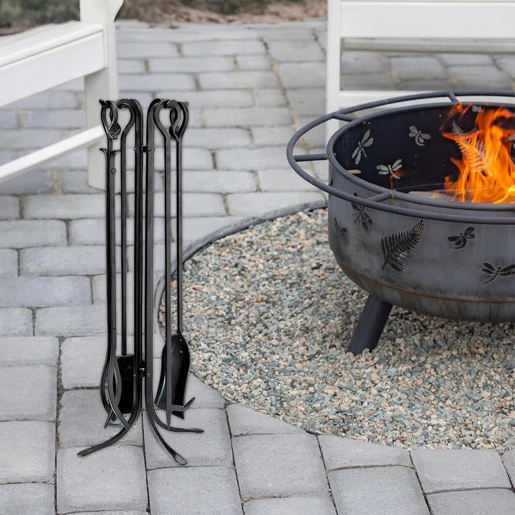 Plow & Hearth 5 Piece Hand Forged Iron Compact Fireplace Tool Set 27.5' | Black Wrought Iron Handle for Outdoor Indoor | Stand Poker Shovel Brush Log Tongs Wood Stove Accessory