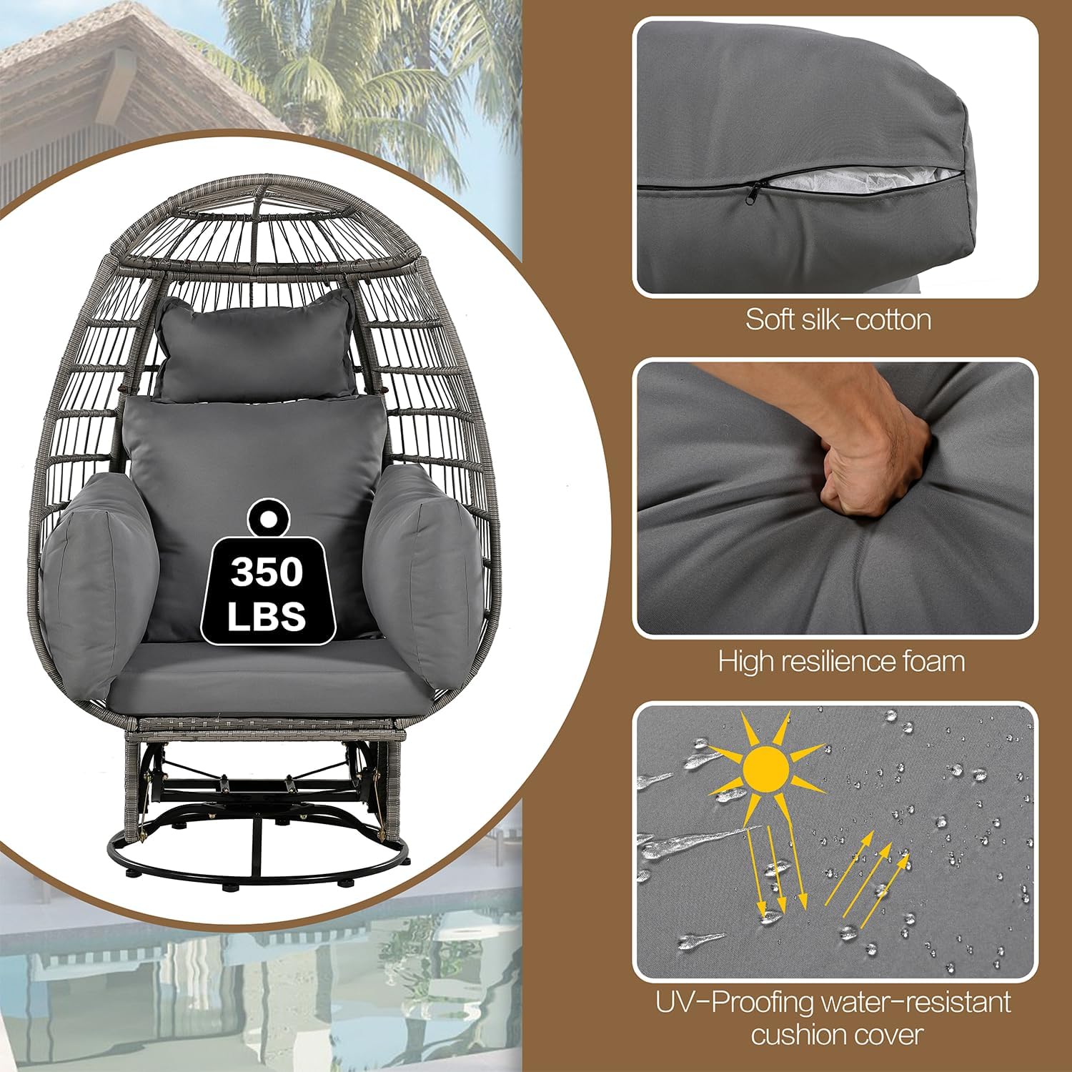 Outdoor Swivel Chair with Cushions, Rattan Egg Patio Chair with Rocking Function for Balcony, Poolside and Garden