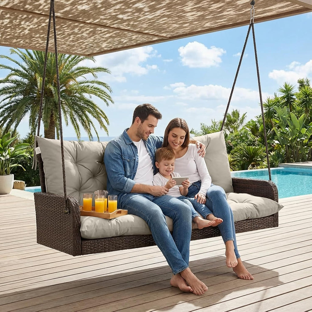 Waterproof Porch Swing Cushion Replacement, Thick 4' 2–3 Seat Outdoor Swing Seat Cushion with Backrest & Ties for Patio, Garden & Porch(Khaki 40 * 60 in)