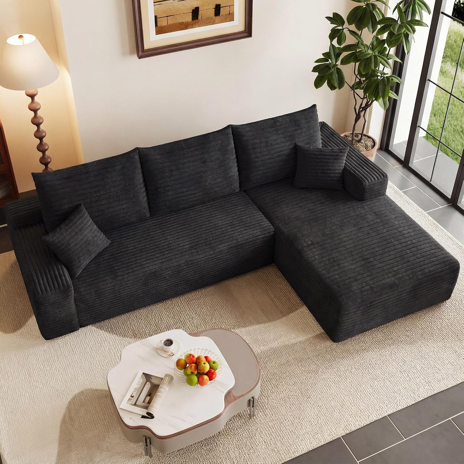 95' Cloud Sectional Couch with L-Shape Chaise, Modern Corduroy Boneless Couch for Living Room,Memory Foam Sofa with Deep Seat,No Assembly Required (Black,Right-Facing Chaise)