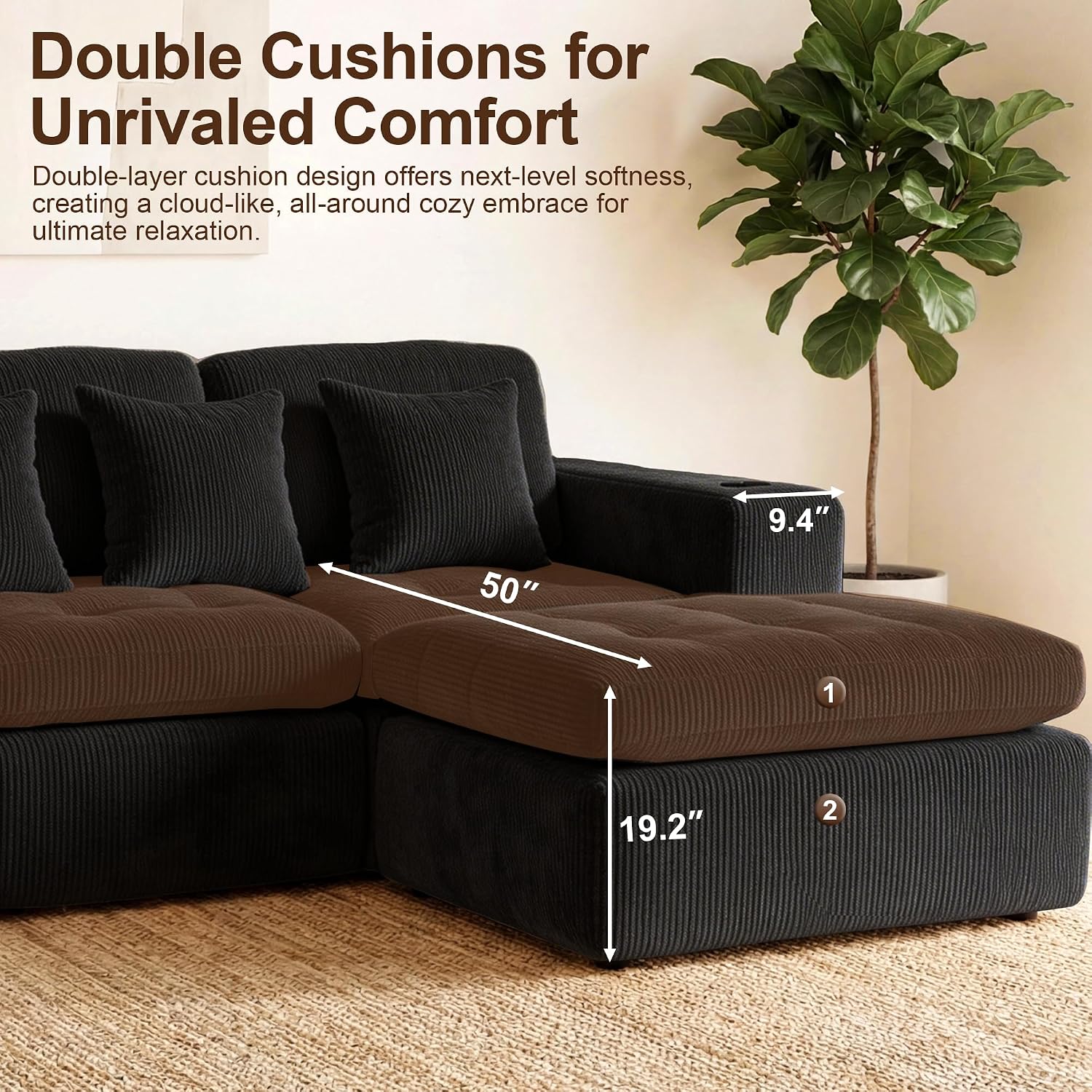 105' Modular Sectional Sofa, Cloud Sectional Couch with Deep Seat, Modern Corduroy Comfy L Shaped Couch with Chaise, Boneless Couches for Living Room Bedroom (Matte Black) | Cloud Sectional, Deep Seat, Corduroy, L Shaped with Chaise, Boneless Design