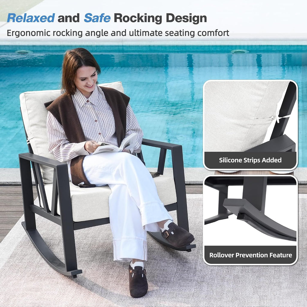 Outdoor Patio Rocking Chairs Set of 2, 3 Pieces Patio Porch Furniture Set with 6' Thick Cushions, Outdoor Bistro Set with Coffee Table,White