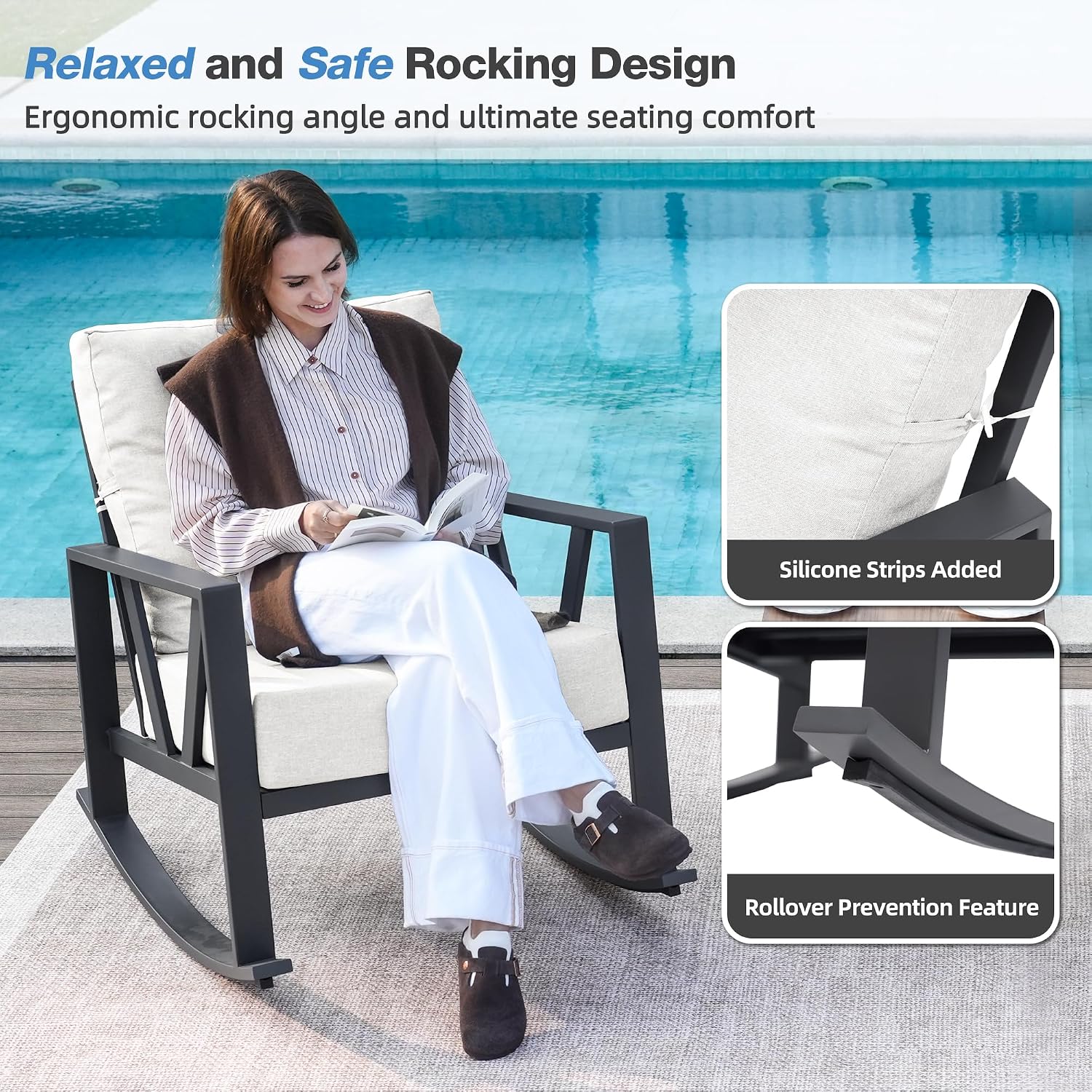 Outdoor Patio Rocking Chairs Set of 2, 3 Pieces Patio Porch Furniture Set with 6' Thick Cushions, Outdoor Bistro Set with Coffee Table,White