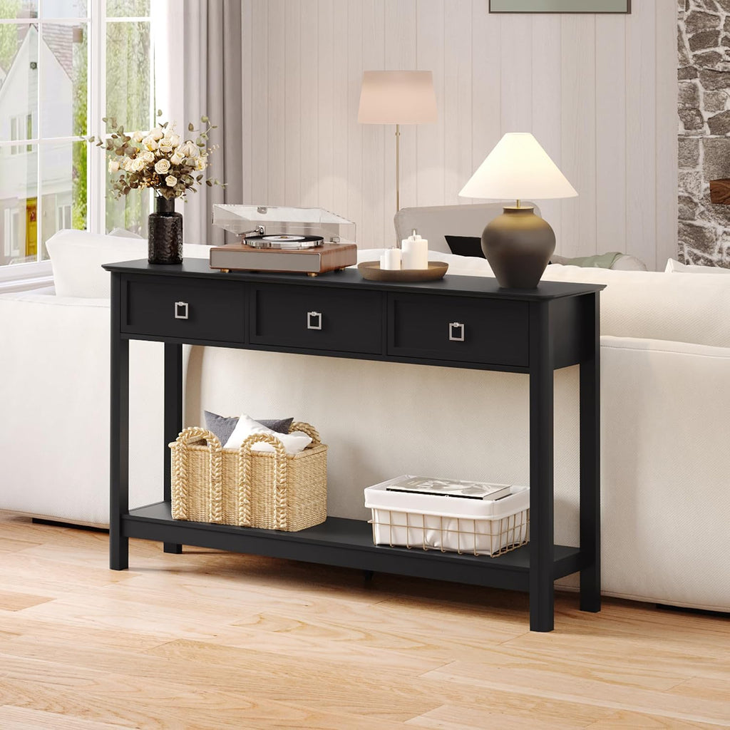 Treocho 53.1' Console Table with 3 Drawers, Modern Entryway Table, 2-Tier Narrow Long Sofa Table Behind Couch Table for Living Room, Hallway, Black