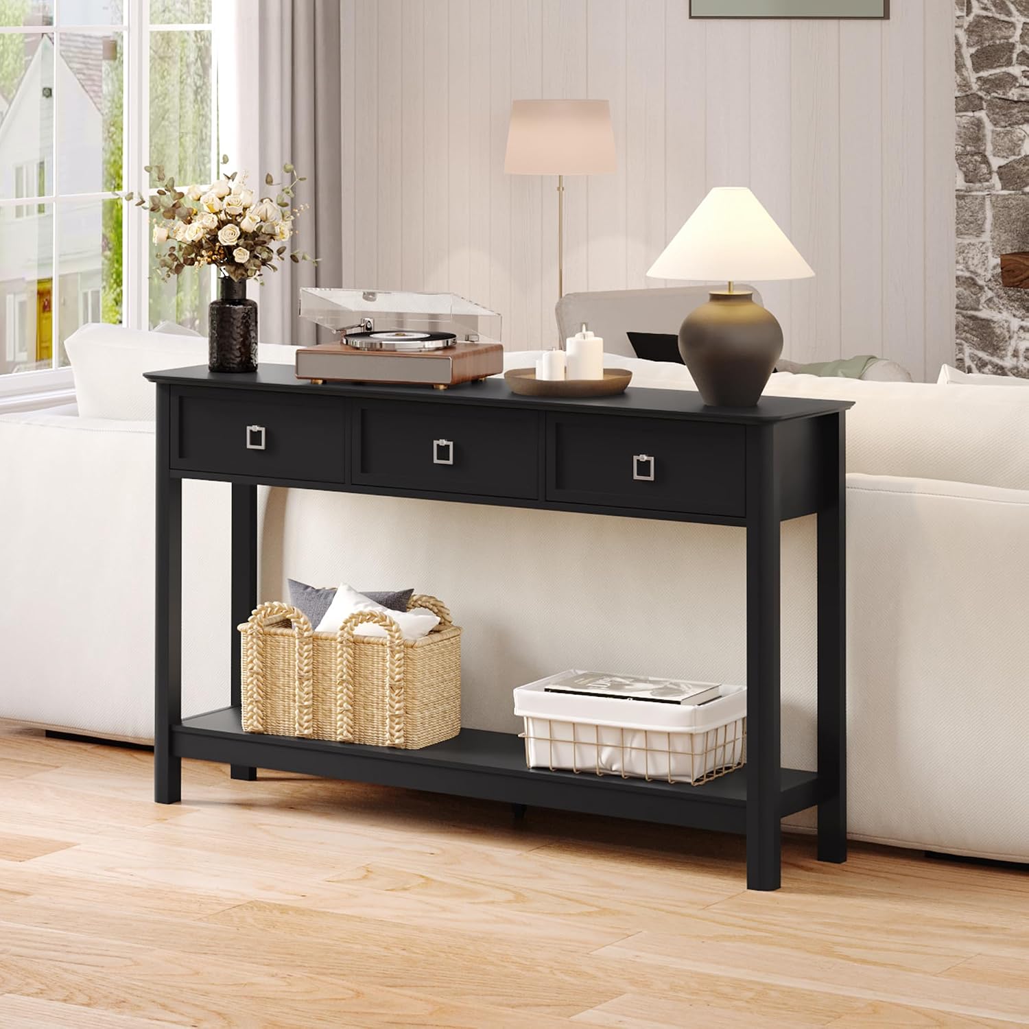 Treocho 53.1' Console Table with 3 Drawers, Modern Entryway Table, 2-Tier Narrow Long Sofa Table Behind Couch Table for Living Room, Hallway, Black
