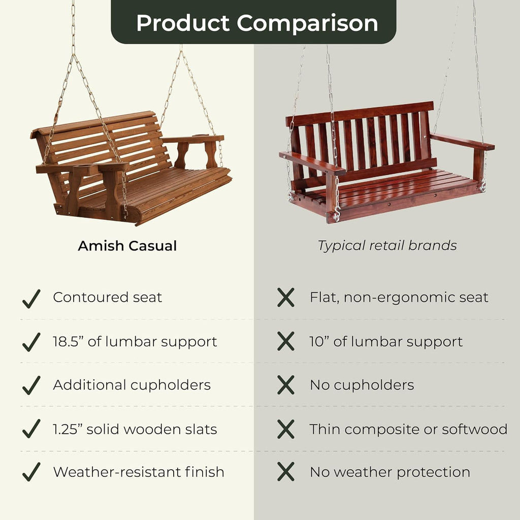 Amish Casual Heavy Duty 700 Lb Capacity Porch Swing with Cup Holders (5 Foot, Semi-Solid Black Stain) – Wooden Outdoor Roll Back Swing with Hanging Chains – Amish Made in the USA