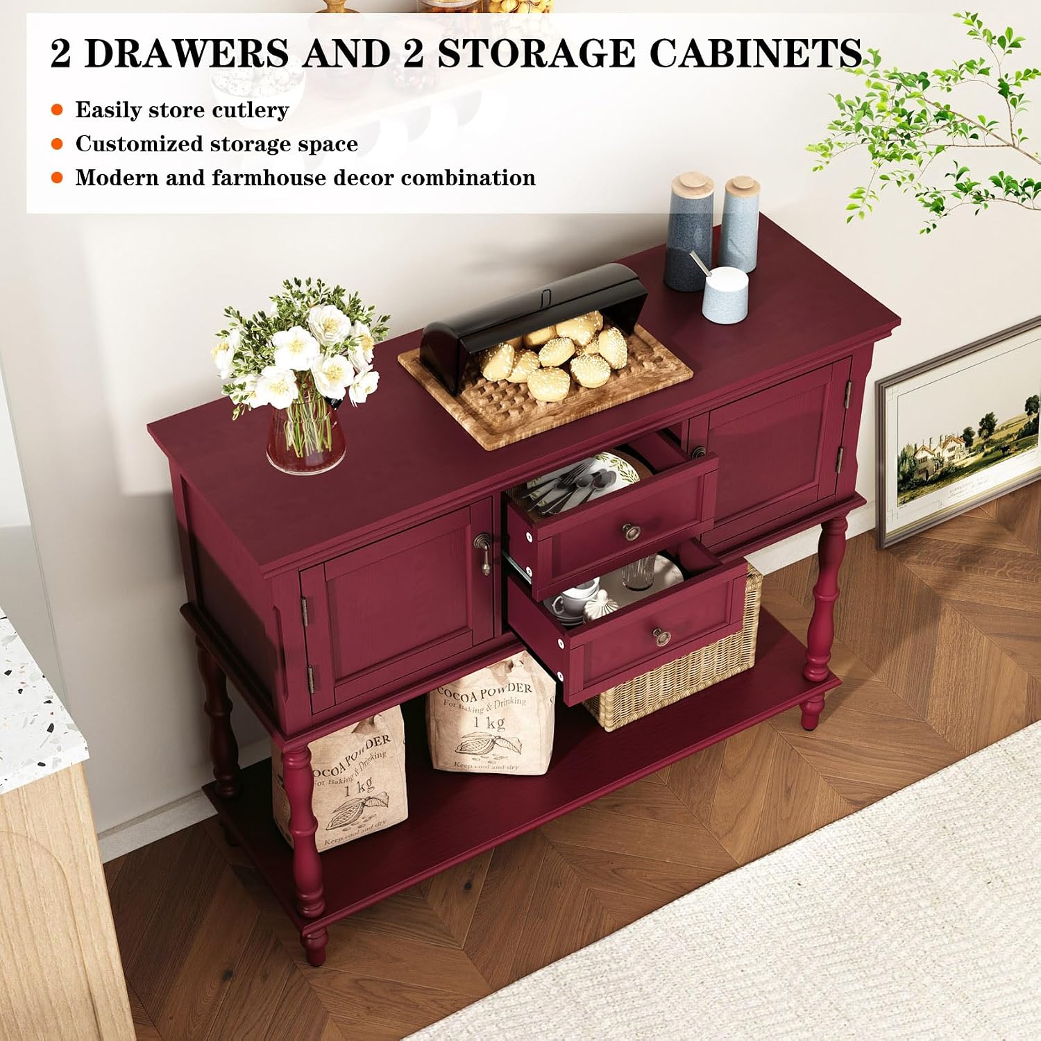 ARTPOWER Console Table with 2 Drawers, Retro Entryway Table with 2 Door Cabinets and Open Storage Shelf, Narrow Long Behind Couch Sofa Table for Living Room, Foyer, Hallway, Red
