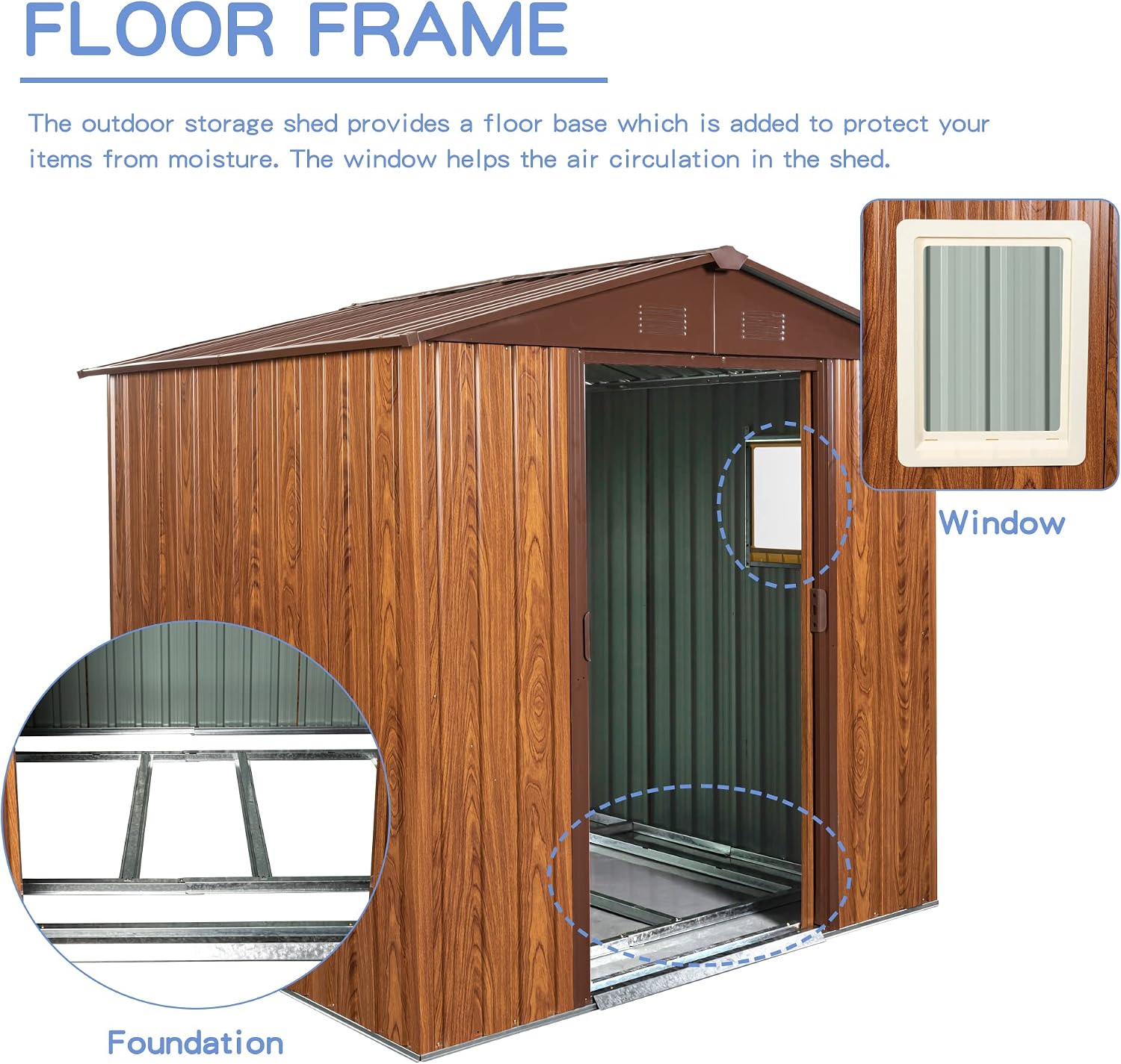 6x6 ft Outdoor Metal Storage Shed with Floor Foundation and Window, Lockable Galvanized Steel Tool Shed with Sliding Door and Air Vent, Waterproof Garden Storage House for Backyard, Patio
