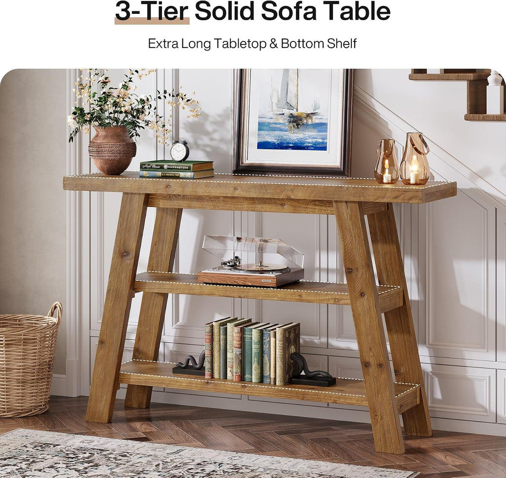 Solid Wood Console Table, 47.24' Farmhouse Narrow Entryway Table with 3-Tier Storage Shelves, Accent Sofa Table for Hallway, Foyer & Living Room (Retro Brown)