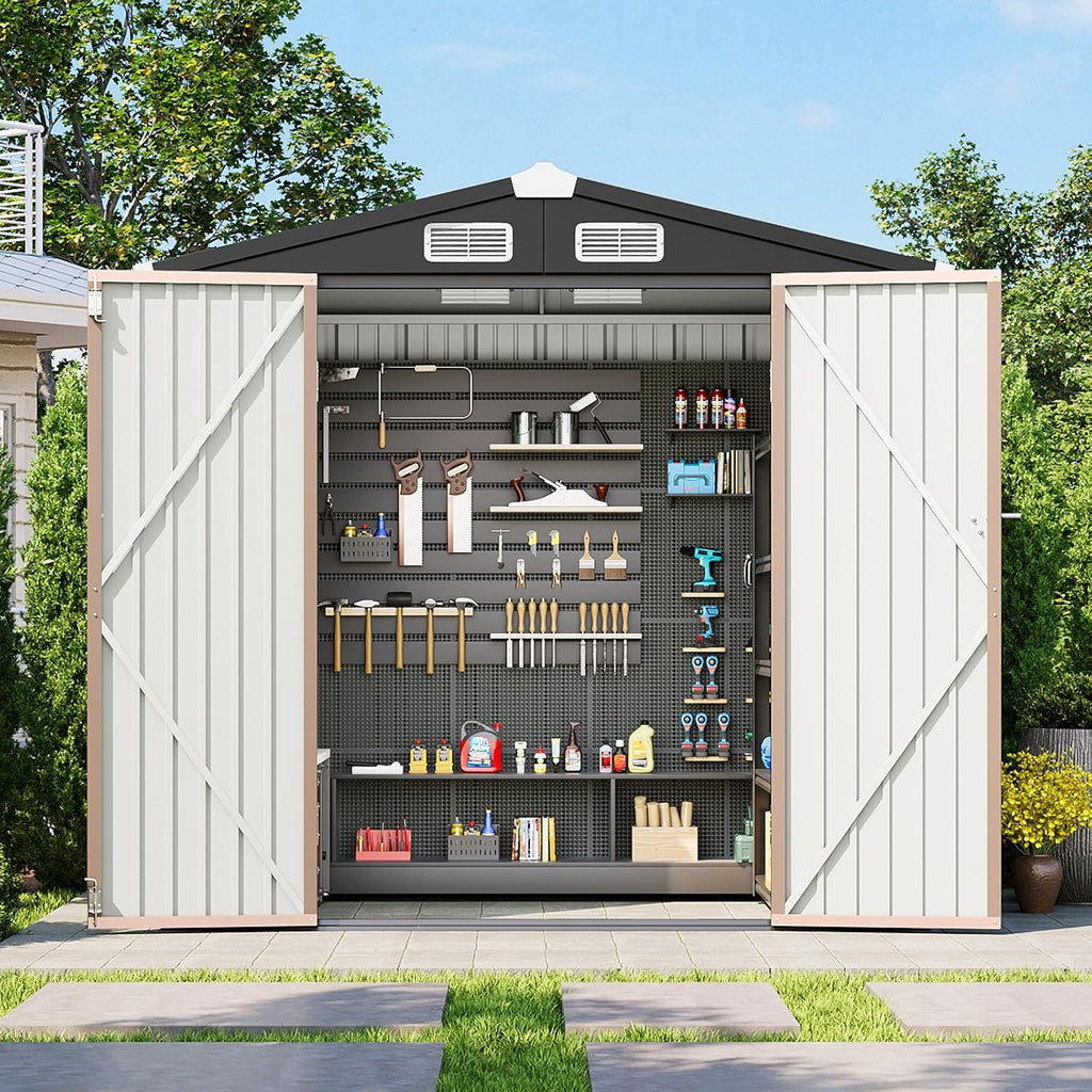6x4 FT Outdoor Storage Shed, Metal Garden Tool Shed with Sloping Roof & Lockable Door for Patio Lawn Backyard (Brown)