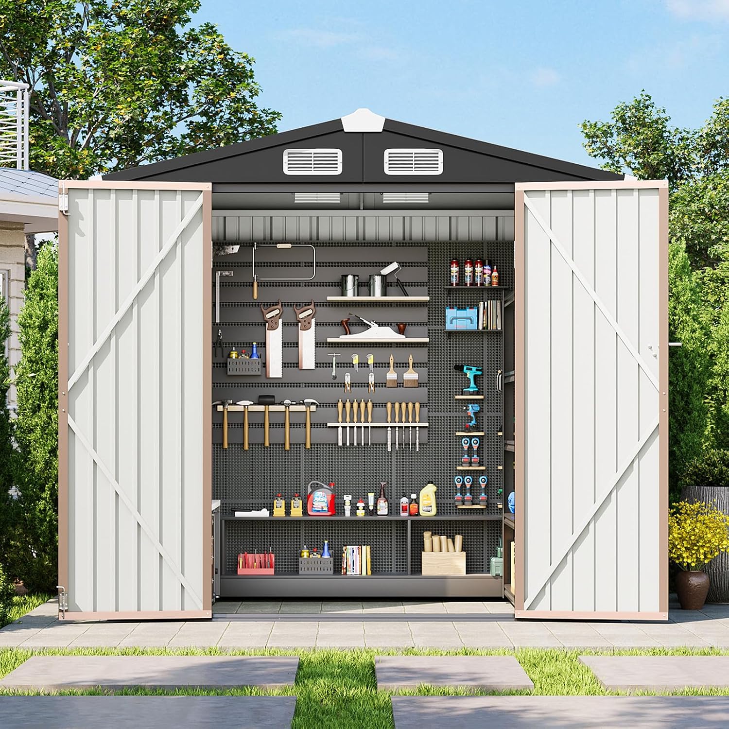 6x4 FT Outdoor Storage Shed, Metal Garden Tool Shed with Sloping Roof & Lockable Door for Patio Lawn Backyard (Brown)