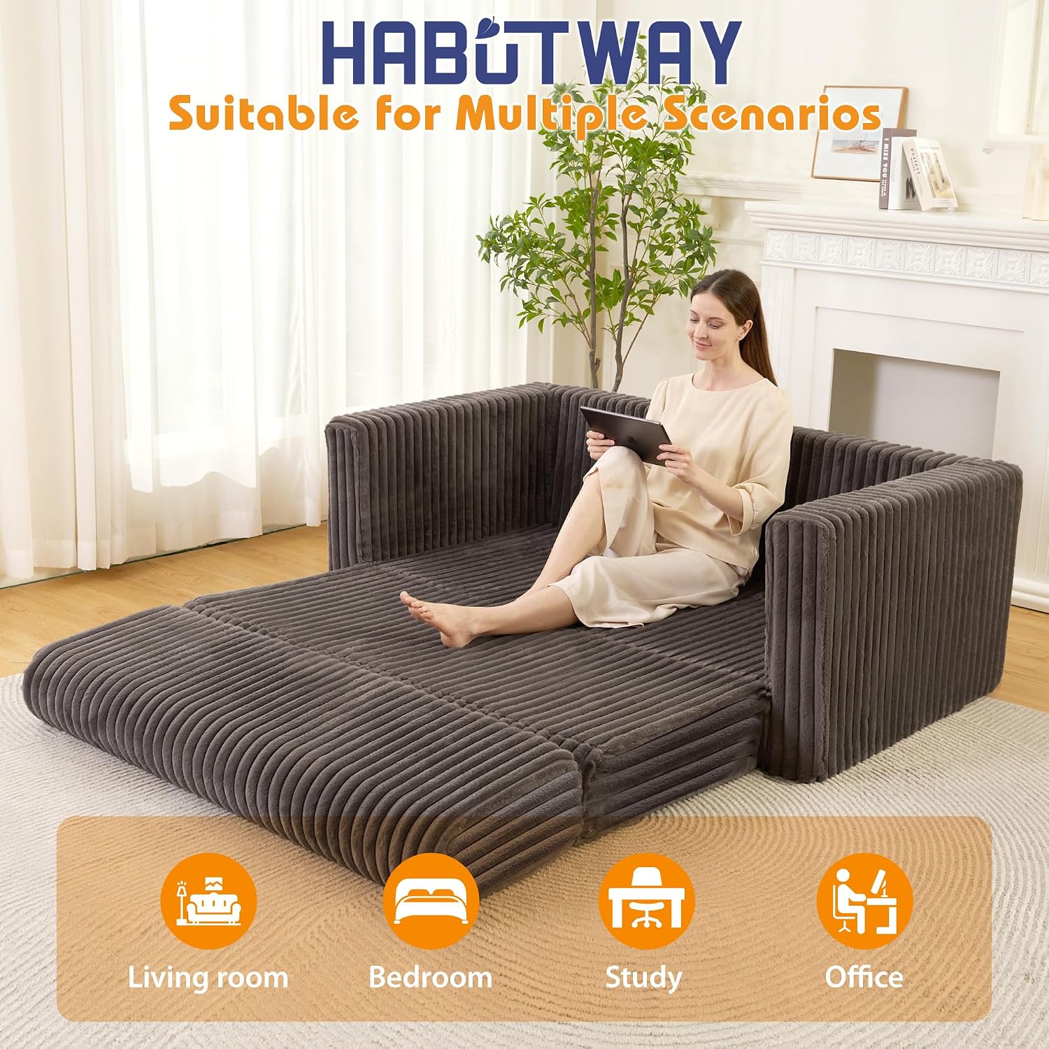 HABUTWAY Folding Sofa Bed, 2 in 1 Convertible Sleeper Chair with Armrest, Portable Fold Out Chair Bed, Comfy Floor Couch, Multi-Functional Lazy Sofa for Living Room Bedroom Dorm Home Office, Grey