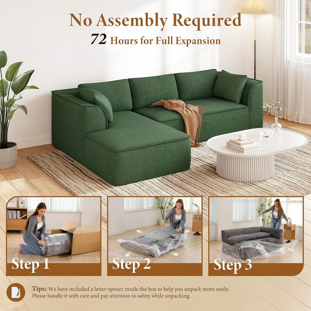Vesgantti 106' Cloud Couch Sectional Modular Sofa, Deep Seat Comfy Cloud Couch Chenille Memory Foam Sofa Modular Couches for Living Room Bedroom, No Assembly Required (Green, Left-Facing Chaise)