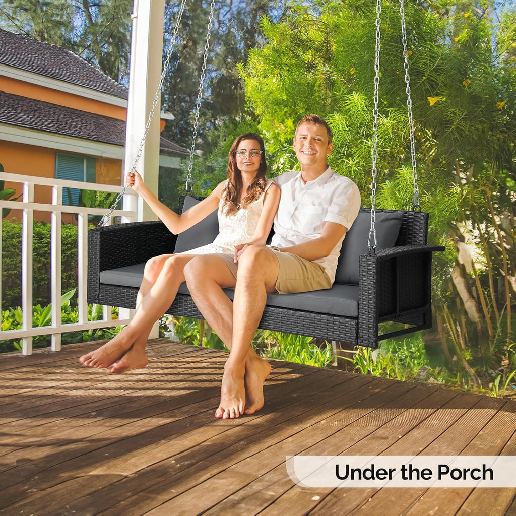 VINGLI Rattan Porch Swing, Heavy Duty 800 LBS Outdoor Hanging Seat with Extra Cushion and Adjustable Chain, the Porch Swing Seat Made by Wicker Suits for Garden, Yard, Lawn (Black, 5 FT)
