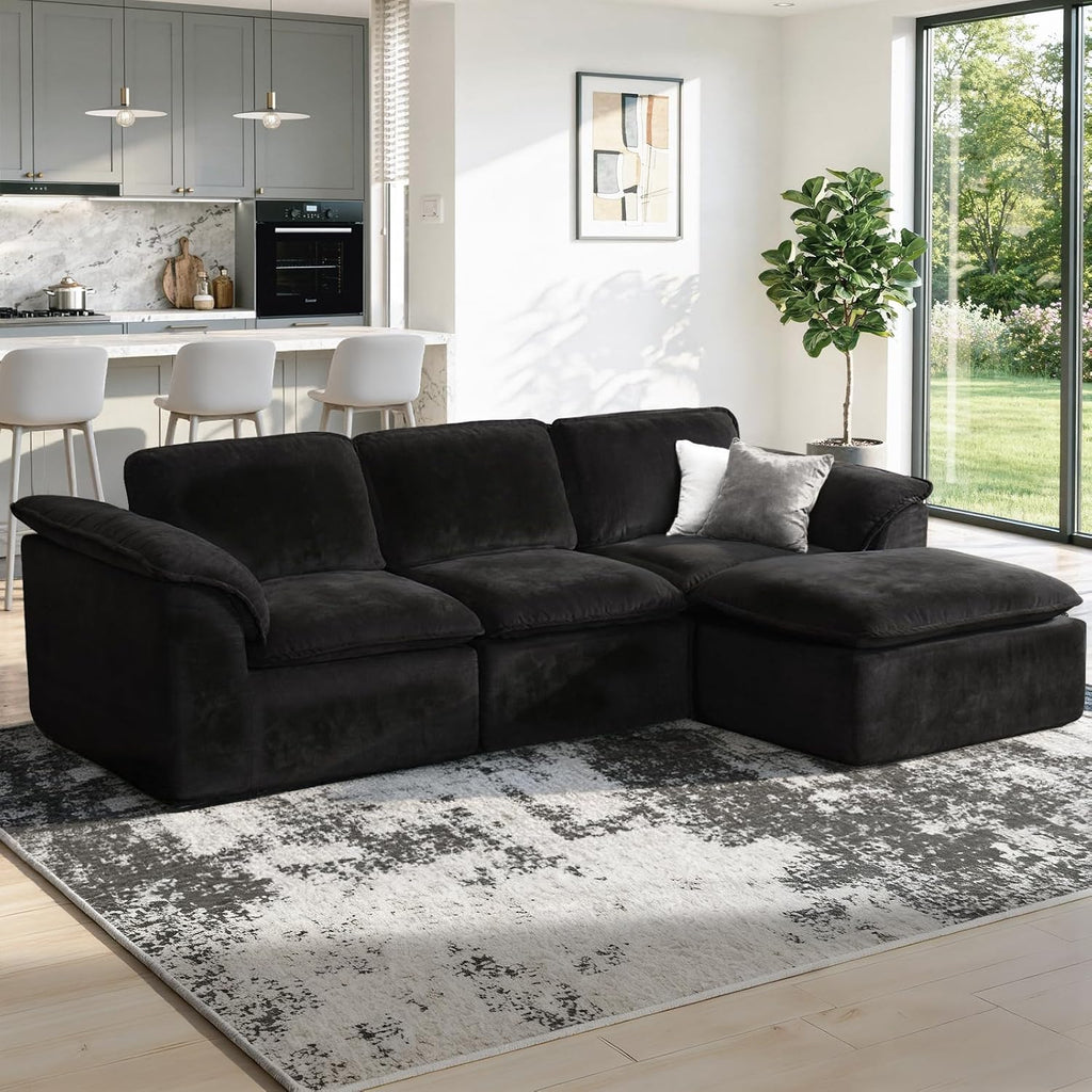 HALLYBEE 112' Cloud Couch Sectional with Padded Armrests & Moveable Ottoman Boneless Sectional Couches for Living Room Black Couch, No Assembly Required