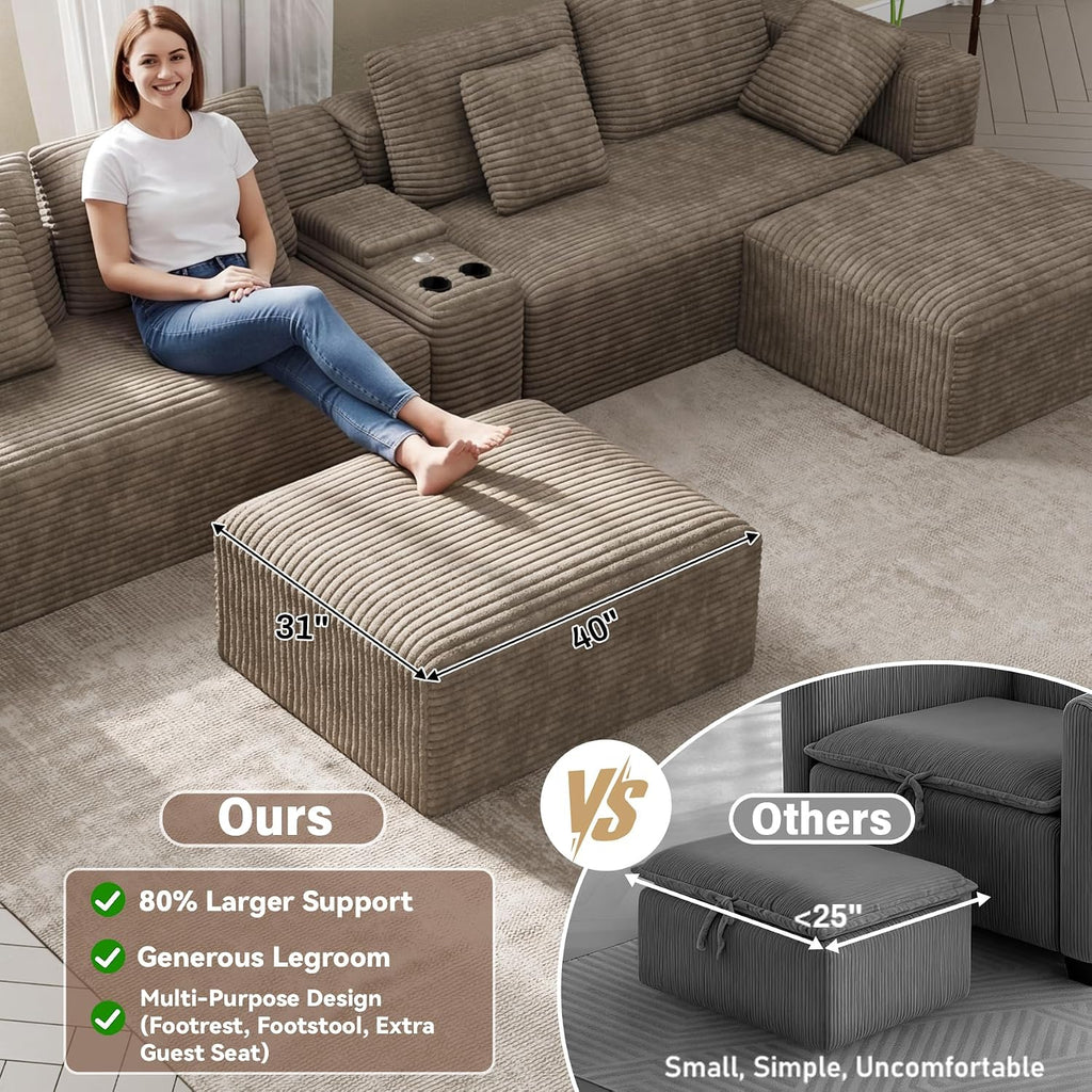 152' Oversized U Shaped Cloud Couches for Living Room, Fluffy Large Modular Sectional Sofa Set with Ottoman Chaise Comfy Corduroy Brown Boneless Couch with Cup Holder USB Port