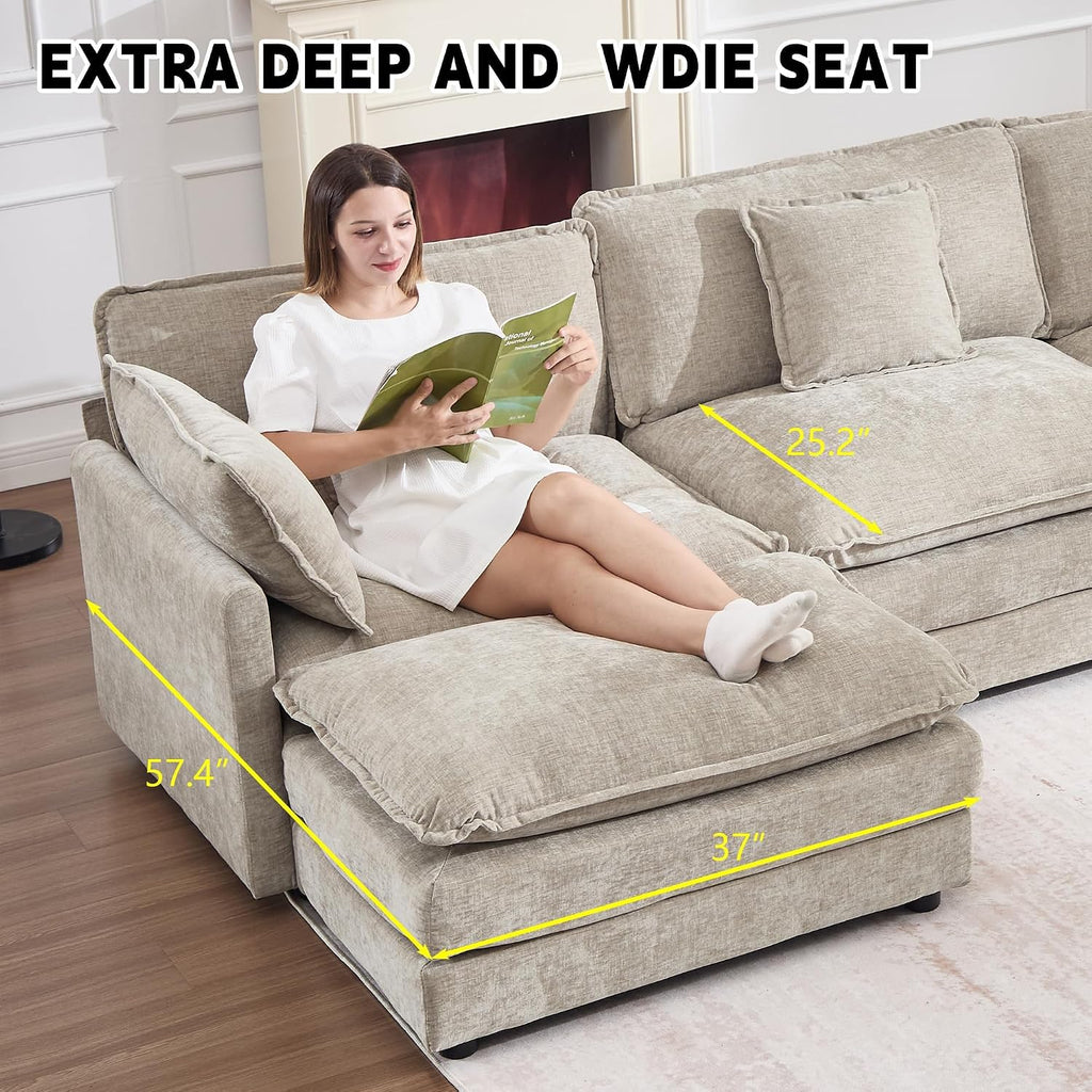 GNIXUU 111.5' Chenille Cloud Couch with Movable Ottoman, Comfy Modular Sectional Sofa, Deep Seat, L Shaped Sectional Couches for Living Room, Apartment, Office(Camel)