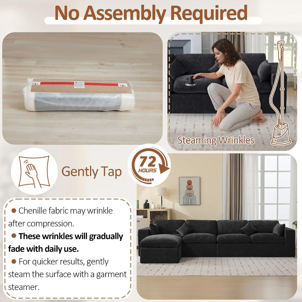 146''Cloud Boneless Sectional Couch, Modular Sectional Sofa Deep Seat with Ottoman, Oversized Upholstered Convertible Comfy 5 Seater Chenille Sofa L Shape Couches for Living Room, Dark