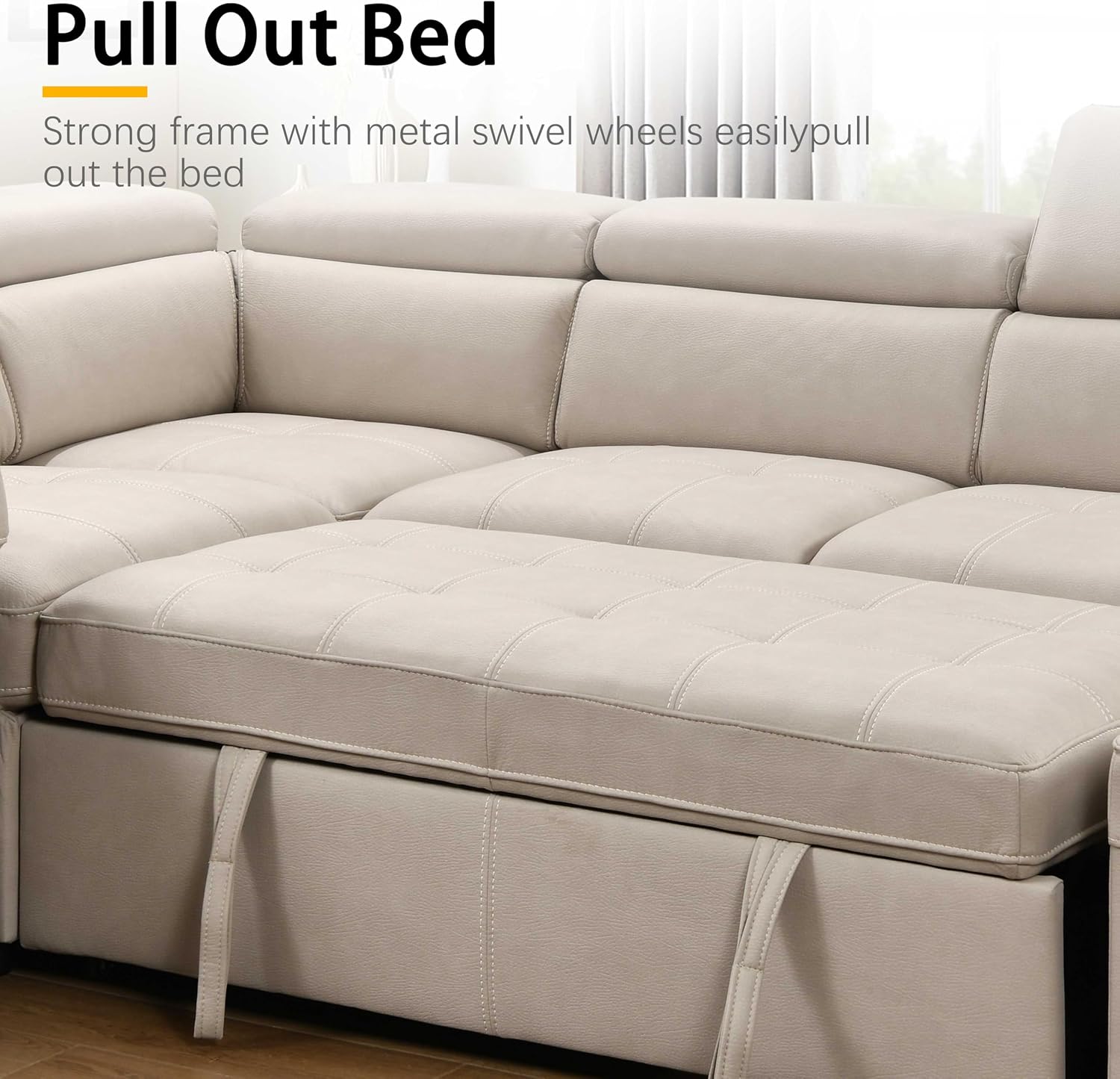 THSUPER 104'' Microfiber L Shaped Sectional Sleeper Sofa Couch with Pull Out Bed and Storage Ottoman, Convertible Couches with Adjustable Headrest for Living Room, Right Facing Chaise. Beige