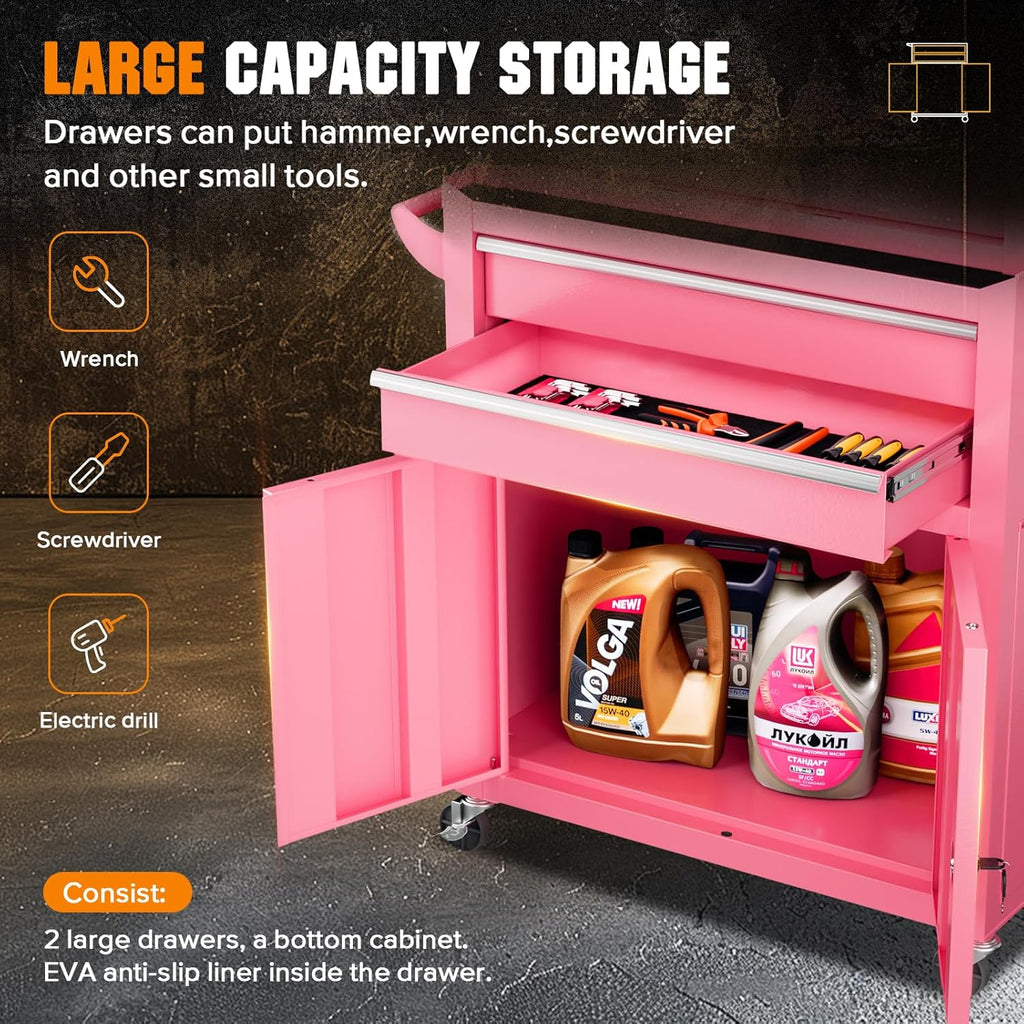 Crownland 8 Drawer Rolling Tool Chest with Wheels, Lockable 2 in 1 Detachable Tool Cabinet wit Drawers and Black Liners, Garage Top Toolbox and Bottom Storage Cart with Side Hooks,Pink